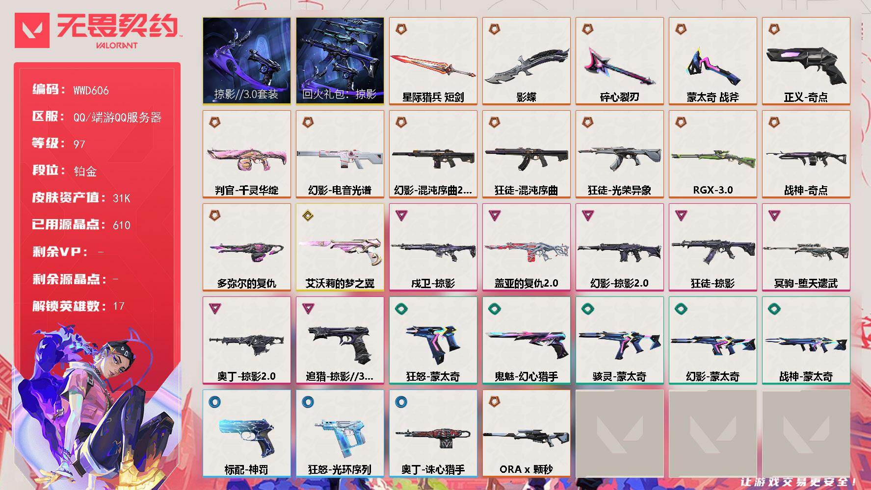 无畏契约账号QQ【WWD606】LV等级97/皮肤总价值31590/段位铂金/总皮肤数量57/刀皮数量4/枪皮数量53/套装数量2/具体详情请看图/回火礼包：掠影套装/掠影//3.0套装/炼狱/暮蝶/壹决/铁臂/捷