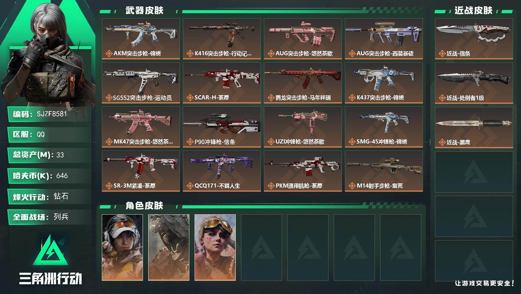 三角洲行动账号QQ【SJZF8581】总资产33M/哈夫币64万/传说近战数2/干员外观数3/传说枪皮数22/战场等级11/行动等级60/安全箱等时效性道具以游戏内数据为准，详情请看图/露娜-金牌射手/乌鲁鲁-荒原猎