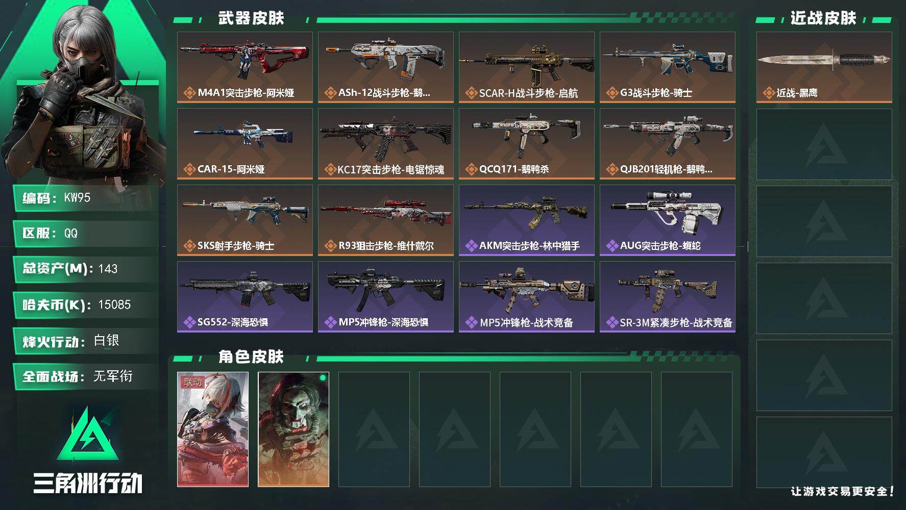 三角洲行动账号QQ【KW95】总资产143M/哈夫币1508万/干员外观数2/传说枪皮数10/战场等级1/行动等级60/安全箱等时效性道具以游戏内数据为准，详情请看图/骇爪-维什戴尔/红狼-电锯惊魂/近战-黑鹰/M4