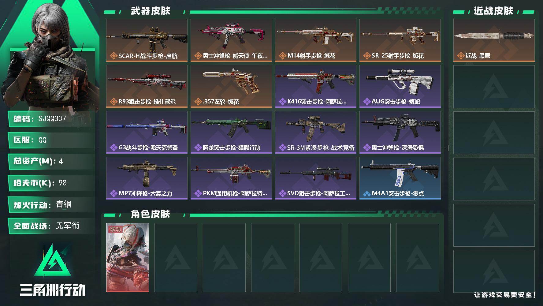 三角洲行动账号QQ【SJQQ307】总资产4M/哈夫币9万/干员外观数1/传说枪皮数6/战场等级1/行动等级43/安全箱等时效性道具以游戏内数据为准，详情请看图/骇爪-维什戴尔/近战-黑鹰/SCAR-H战斗步枪-启航