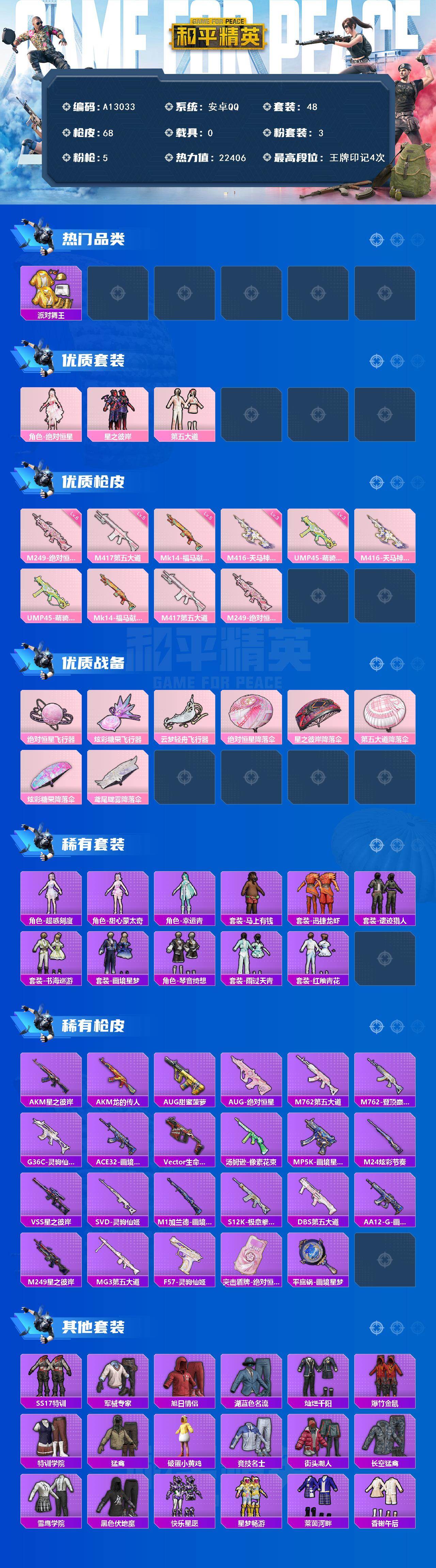 和平精英账号安卓QQ【A13033】48套装/枪械5/装备101/战备58/王牌印记4/热力值22406/三级M416-天马神君/三级UMP45-萌骑冒险/五级Mk14-福马献瑞/五级M417-第五大道/六级M249-