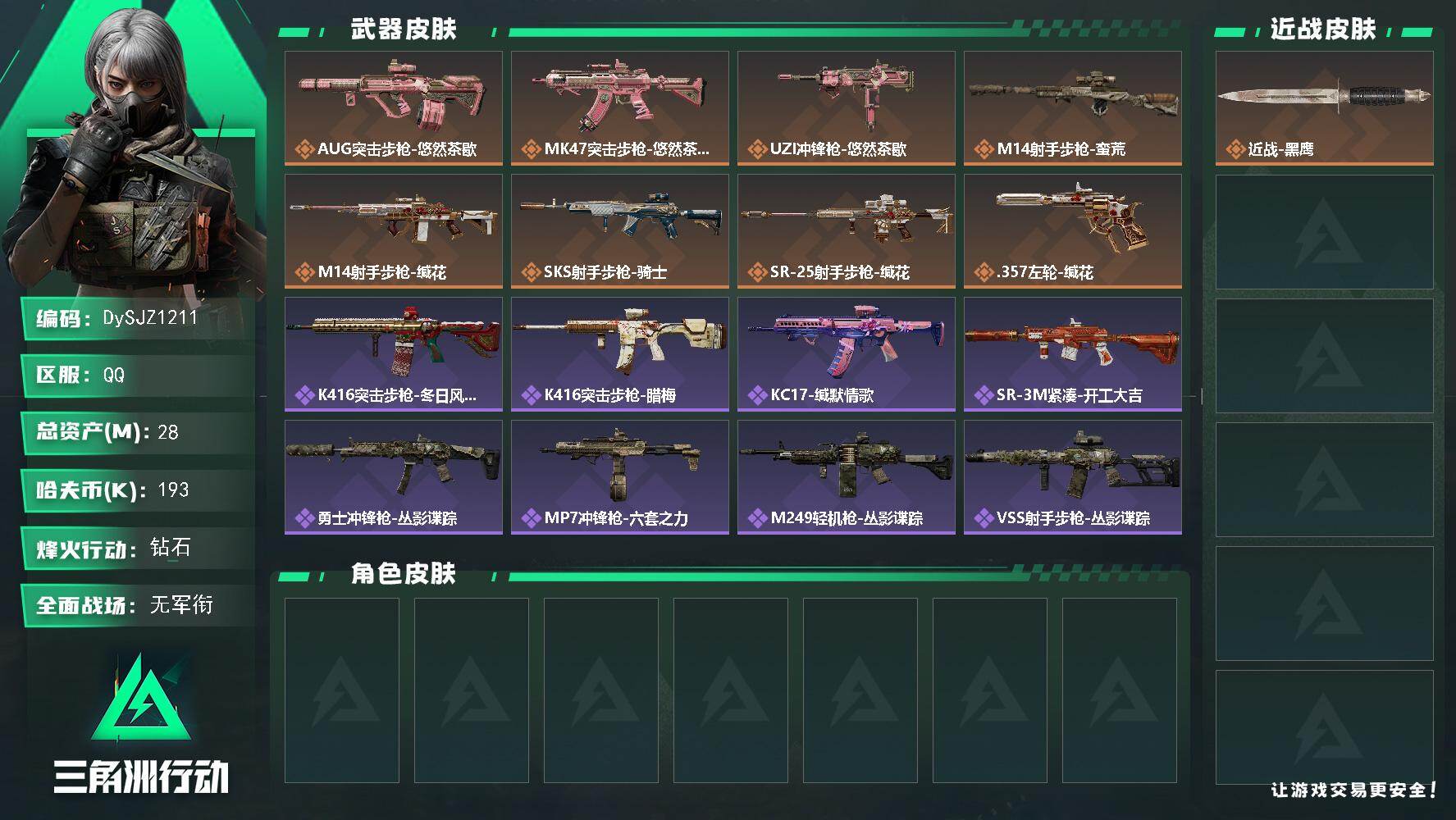 三角洲行动账号QQ28m总资产-193k哈夫币-60烽火等级-钻石-5战场等级-无军衔
【近战皮肤】：近战-黑鹰
【传说外观】：AUG突击步枪-悠然茶歇，MK47突击步枪-悠然茶歇，UZI冲锋枪-悠然茶歇，M14射手