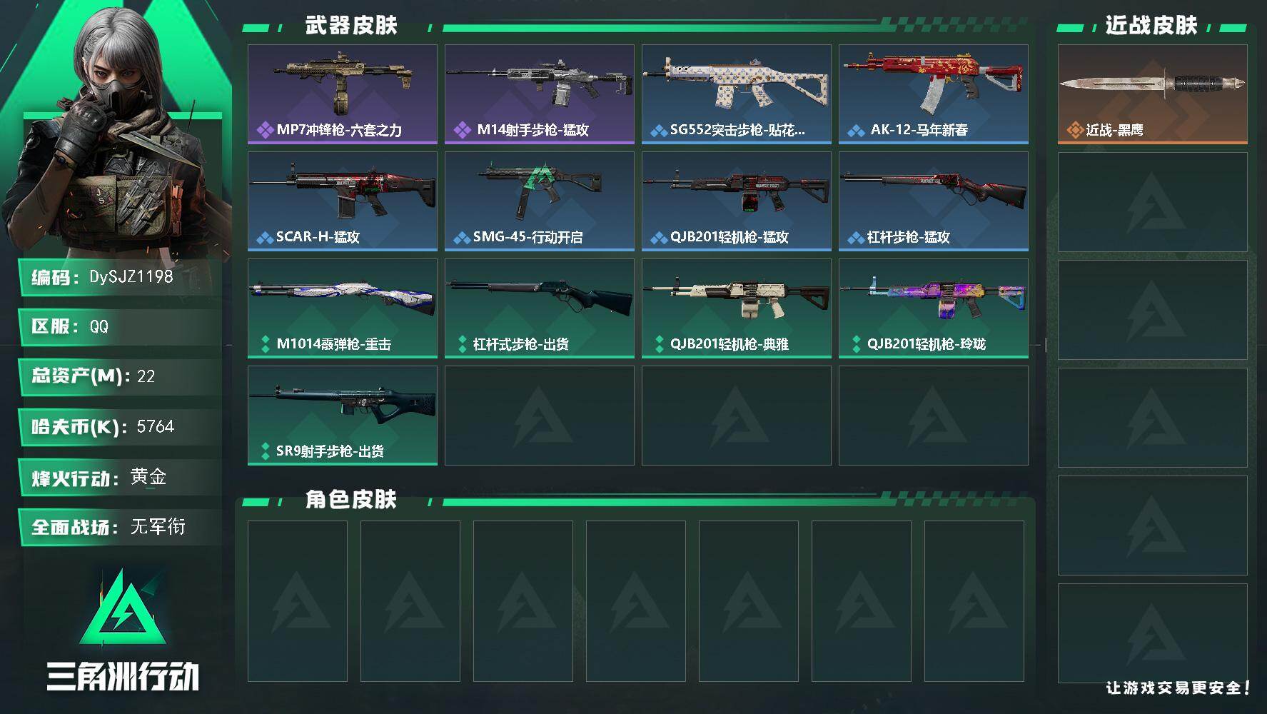 三角洲行动账号QQ22m总资产-5764k哈夫币-44烽火等级-黄金-1战场等级-无军衔
【近战皮肤】：近战-黑鹰
【史诗外观】：MP7冲锋枪-六套之力， M14射手步枪-猛攻
【稀有外观】：SG552突击步枪-贴花