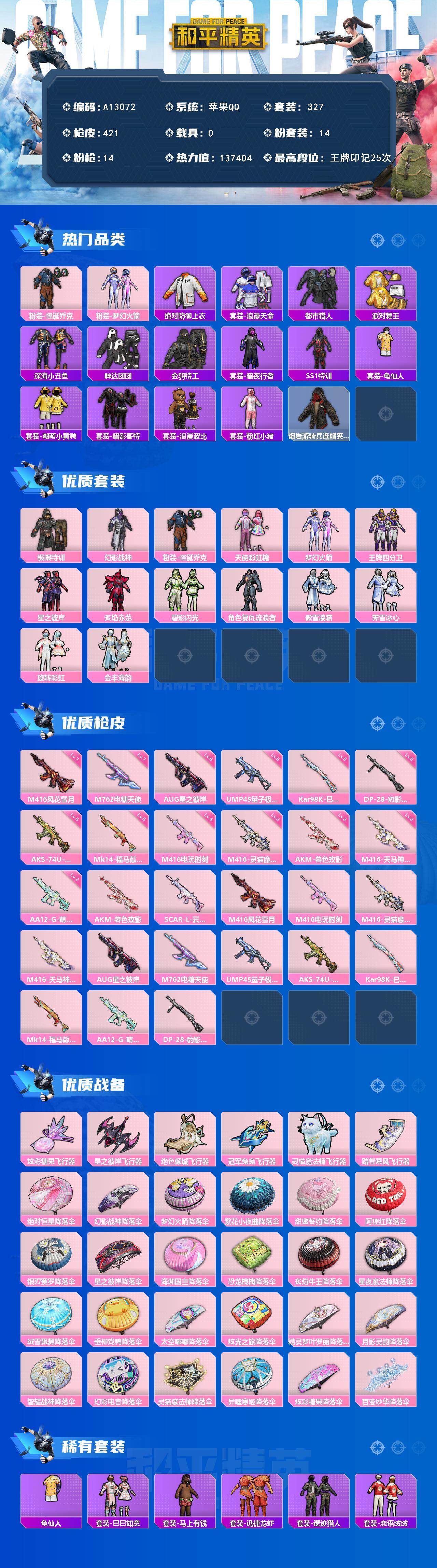 和平精英账号苹果QQ【A13072】327套装/枪械14/装备562/战备303/王牌印记25/热力值137404/三级AKM-暮色玫影/七级M416-风花雪月/四级M416-电玩时刻/三级M416-灵猫魔法师/三级M