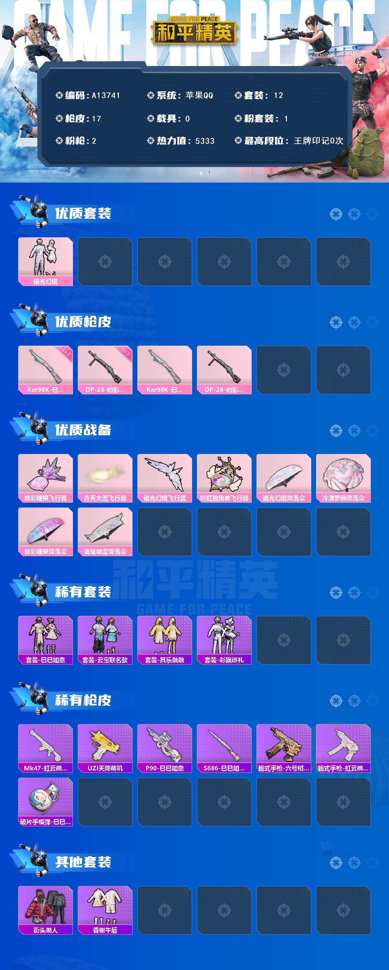 和平精英账号苹果QQ【A13741】12套装/枪械2/装备29/战备21/热力值5333/三级Kar98K-巳巳如意/二级DP-28-豹影疾电/镜光幻境/Kar98K-巳巳如意/DP-28-豹影疾电/炫彩糖果飞行器/齐