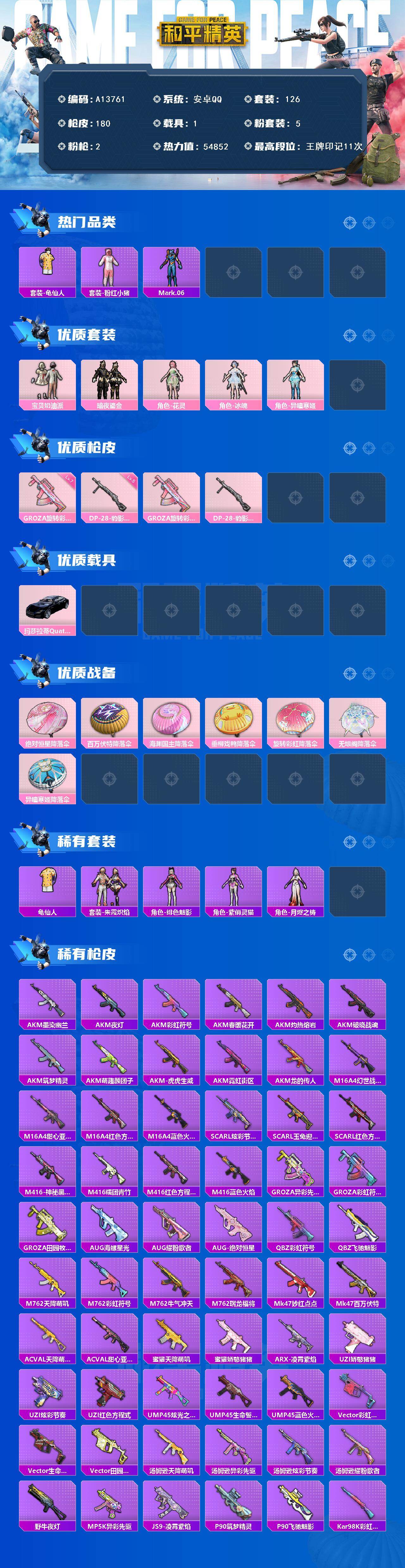 和平精英账号安卓QQ【A13761】126套装/枪械2/装备228/载具1/战备138/王牌印记11/热力值54852/七级GROZA-旋转彩虹/五级DP-28-豹影疾电/套装-龟仙人/套装-粉红小猪/角色-Mark.