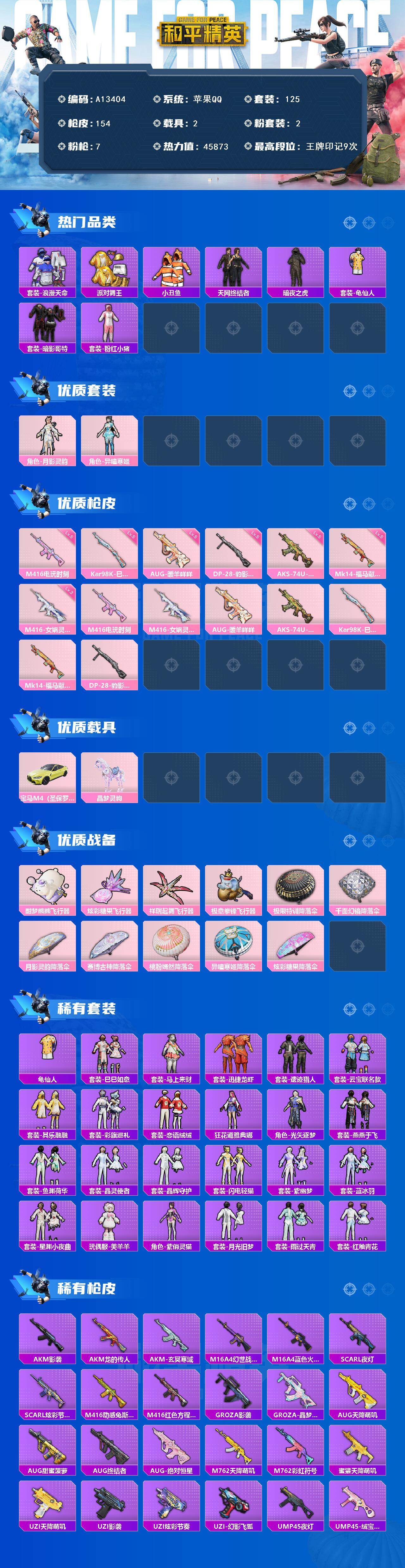 和平精英账号苹果QQ【A13404】125套装/枪械7/装备207/载具2/战备116/王牌印记9/热力值45873/五级M416-电玩时刻/三级M416-女娲灵识/五级AUG-暖羊咩咩/五级AKS-74U-森灵之息/