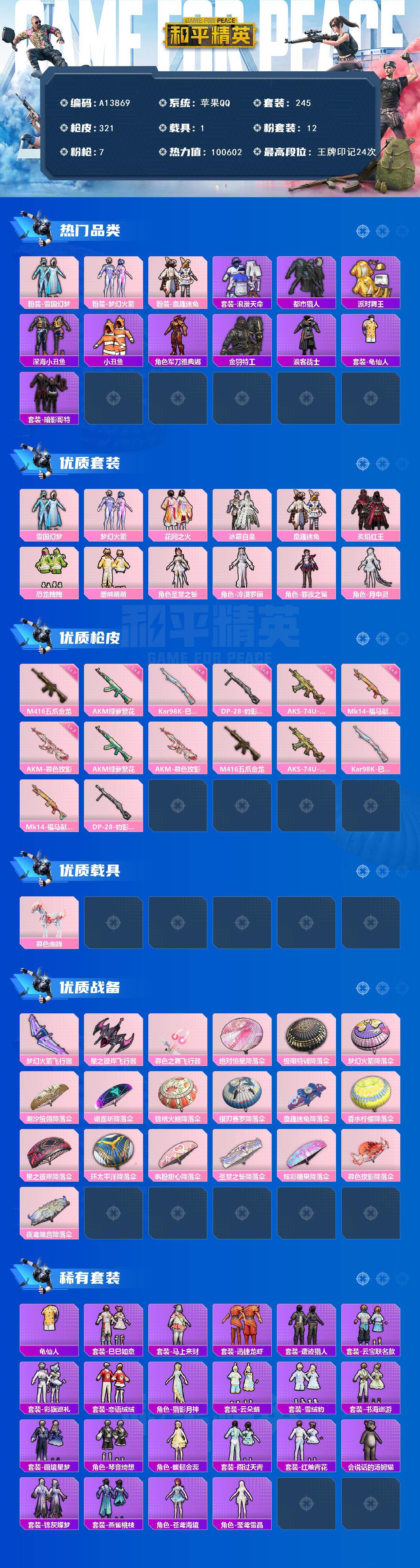 和平精英账号苹果QQ【A13869】245套装/枪械7/装备377/载具1/战备250/王牌印记24/热力值100602/五级AKM-绿萝繁花/三级AKM-暮色玫影/七级M416-五爪金龙/五级AKS-74U-森灵之息