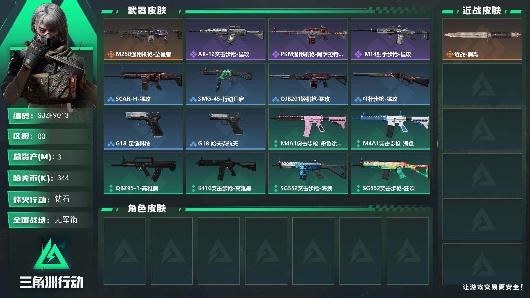 三角洲行动账号QQ【SJZF9013】总资产3M/哈夫币34万/传说枪皮数1/战场等级1/行动等级48/安全箱等时效性道具以游戏内数据为准，详情请看图/近战-黑鹰/M250通用机枪-坠星者/AK-12突击步枪-猛攻/
