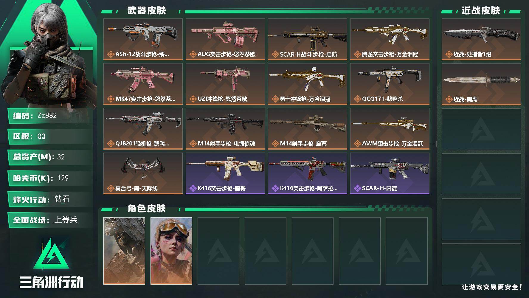 三角洲行动账号QQ【Zz882】32m总资产-129k哈夫币-60烽火等级-钻石-27战场等级-上等兵
【干员外观】：乌鲁鲁-荒原猎手，蛊-不羁人生
【近战皮肤】：近战-处刑者1级，近战-黑鹰
【传说外观】：ASh-