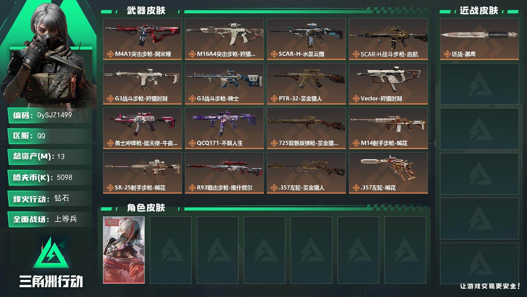 三角洲行动账号QQ13m总资产-5098k哈夫币-60烽火等级-钻石-43战场等级-上等兵
【干员外观】：骇爪-维什戴尔
【近战皮肤】：近战-黑鹰
【传说外观】：M4A1突击步枪-阿米娅，M16A4突击步枪-狩猎时刻