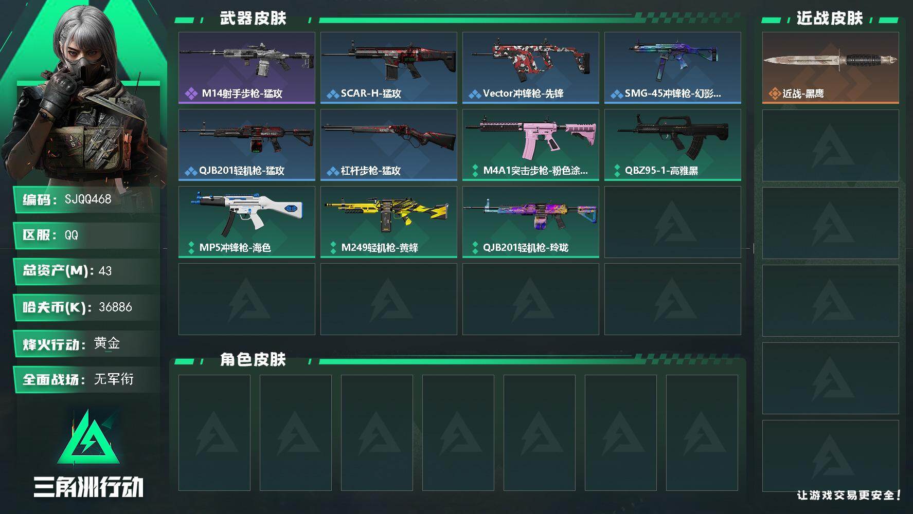三角洲行动账号QQ【SJQQ468】总资产43M/哈夫币3688万/战场等级1/行动等级24/安全箱等时效性道具以游戏内数据为准，详情请看图/近战-黑鹰/ M14射手步枪-猛攻/SCAR-H战斗步枪-猛攻/Vecto