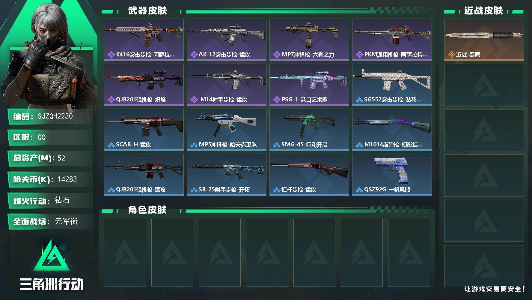 三角洲行动账号QQ【SJZQH2230】总资产52M/哈夫币1428万/战场等级1/行动等级52/安全箱等时效性道具以游戏内数据为准，详情请看图/近战-黑鹰/K416突击步枪-阿萨拉特攻/AK-12突击步枪-猛攻/M