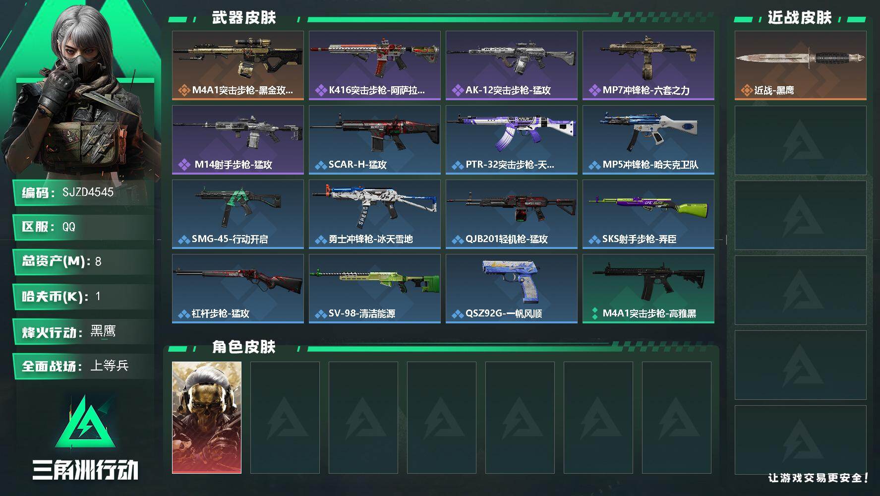 三角洲行动账号QQ【SJZD4545】总资产8M/哈夫币0万/干员外观数1/传说枪皮数1/战场等级14/行动等级60/安全箱等时效性道具以游戏内数据为准，详情请看图/红狼-蚀金玫瑰/近战-黑鹰/M4A1突击步枪-蚀金
