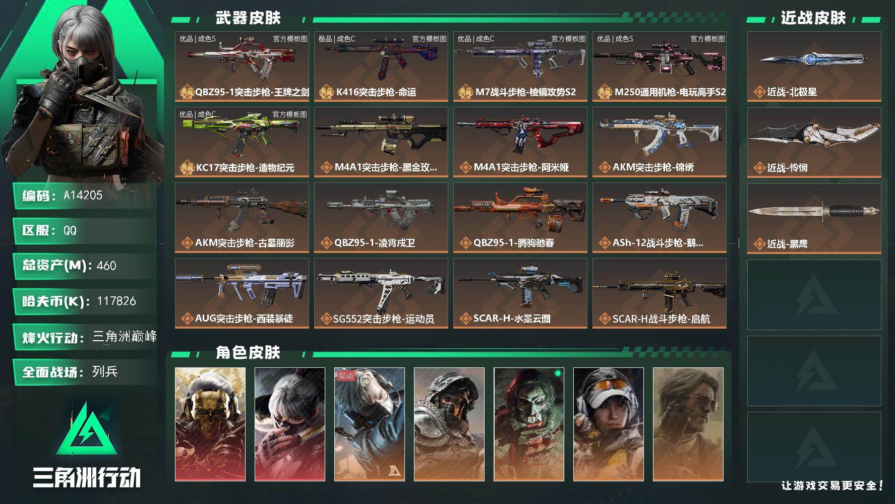 三角洲行动账号QQA14205/QQ区【5典藏砖皮双刀双红怜悯北极星黑狼4.6亿资产满体满负爽玩号天才少年黄金鸟窝 】