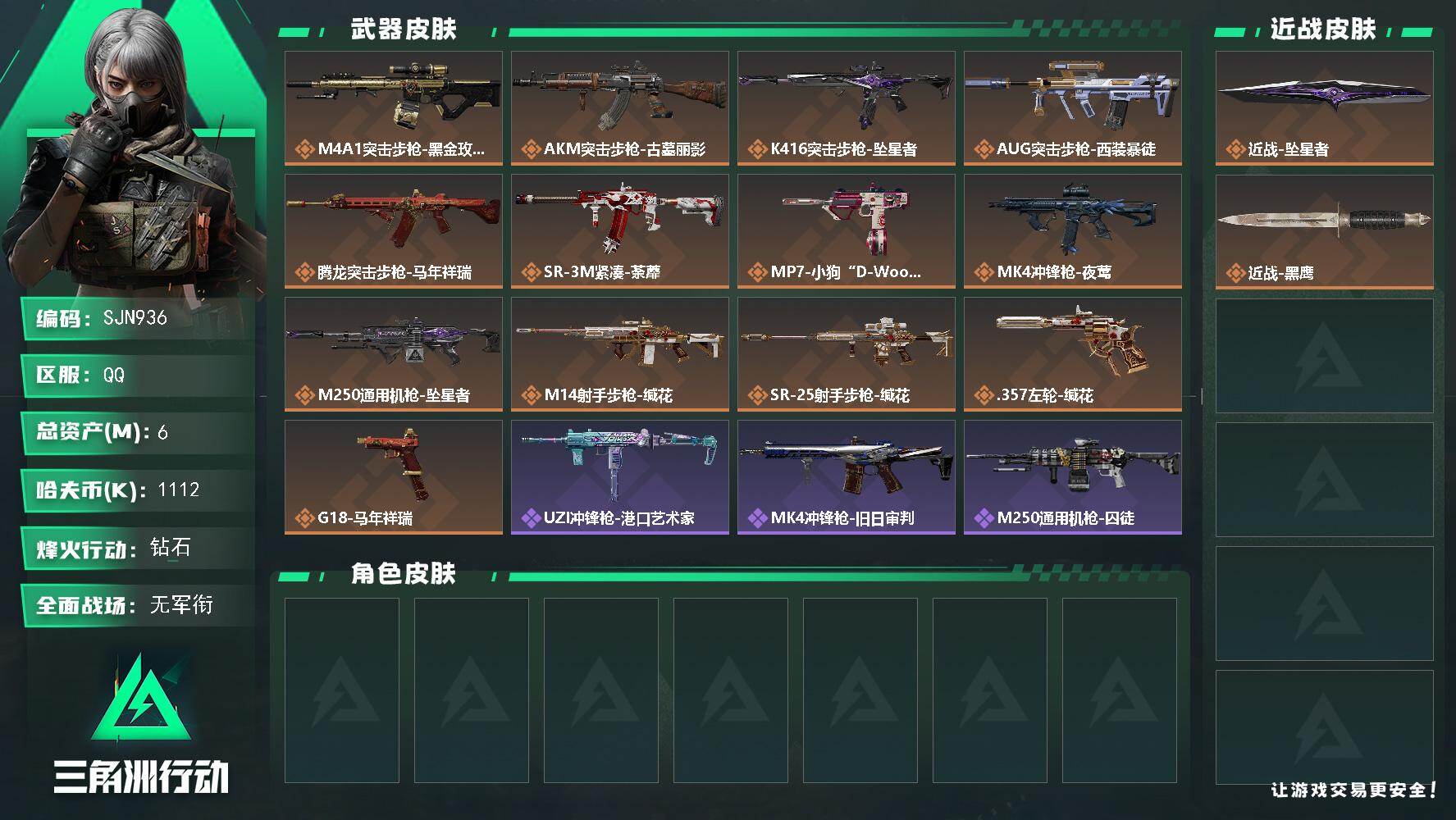 三角洲行动账号QQ【SJN936】总资产6M/哈夫币111万/传说近战数1/传说枪皮数13/战场等级1/行动等级40/安全箱等时效性道具以游戏内数据为准，详情请看图/近战-坠星者/近战-黑鹰/M4A1突击步枪-蚀金玫