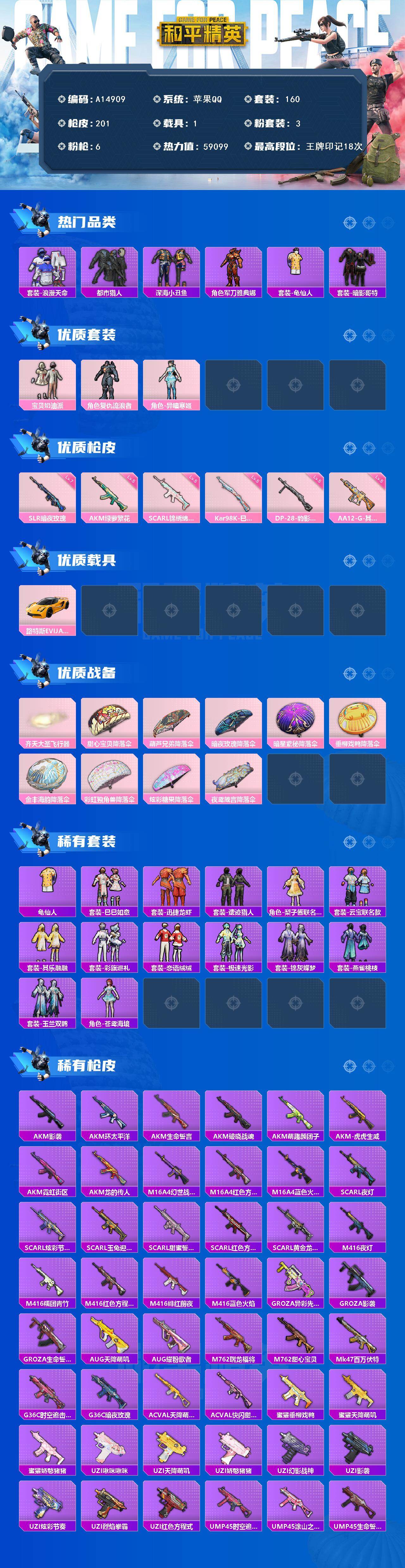和平精英账号苹果QQ【A14909】160套装/枪械6/装备207/载具1/战备146/王牌印记18/热力值59099/五级AA12-G-其乐融融/五级AKM-绿萝繁花/五级SCAR-L-锦绣绵绵/五级Kar98K-巳