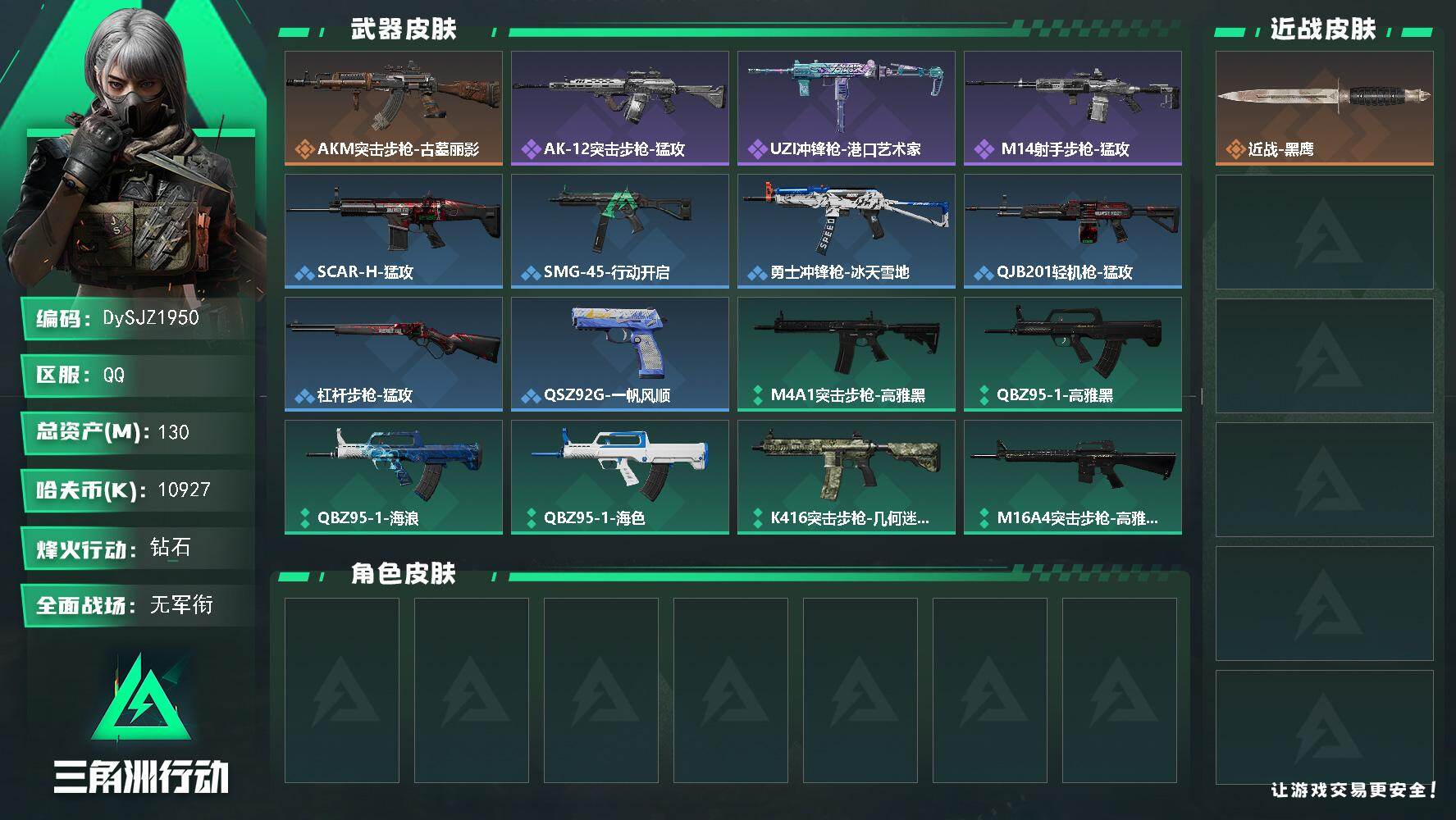 三角洲行动账号QQ【DySJZ1950】总资产130M/哈夫币1092万/传说枪皮数1/战场等级1/行动等级60/安全箱等时效性道具以游戏内数据为准，详情请看图/近战-黑鹰/AKM突击步枪-古墓丽影/QBZ95-1突