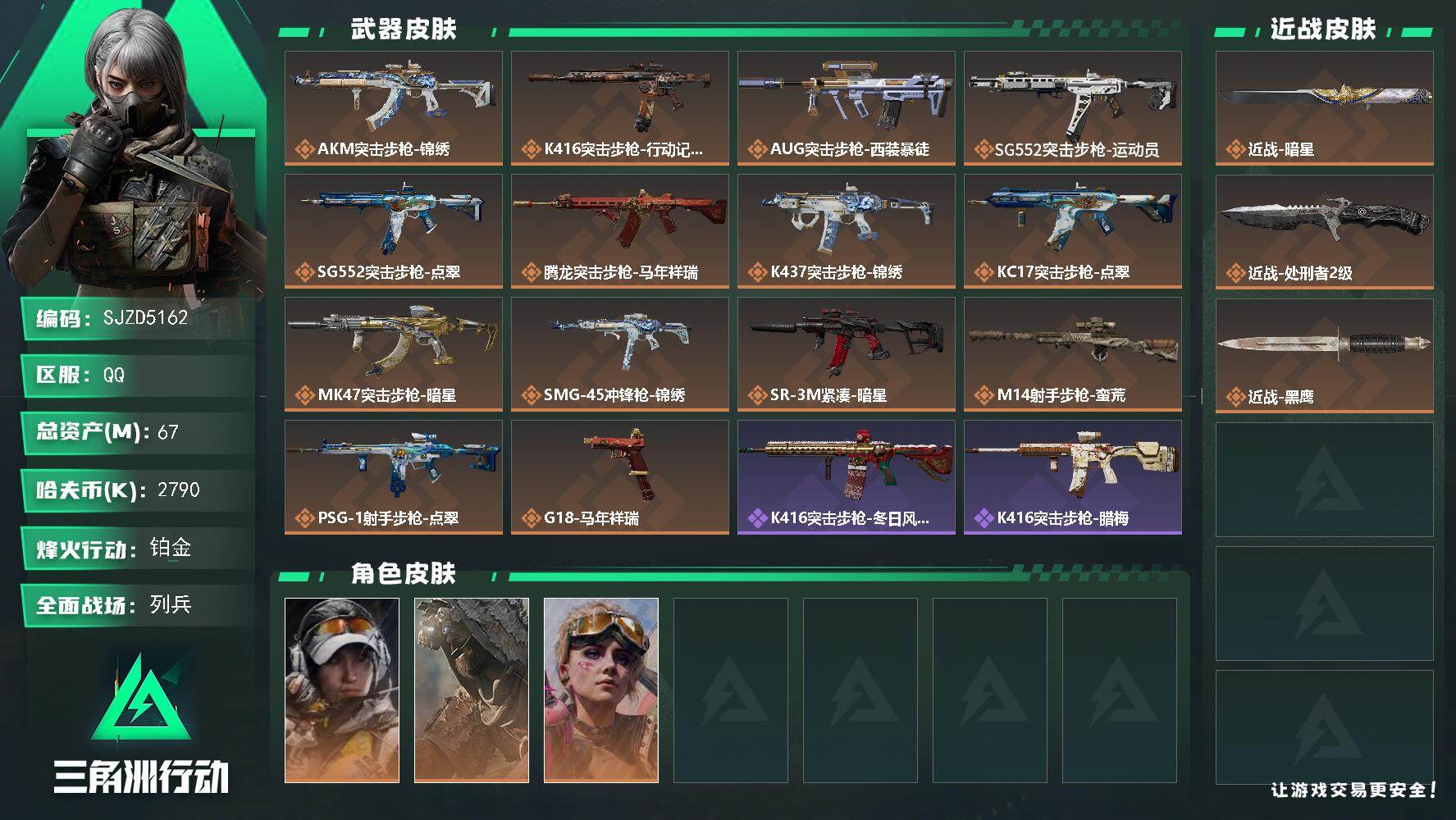 三角洲行动账号QQ【SJZD5162】总资产67M/哈夫币279万/传说近战数2/干员外观数3/传说枪皮数14/战场等级19/行动等级60/安全箱等时效性道具以游戏内数据为准，详情请看图/露娜-金牌射手/乌鲁鲁-荒原