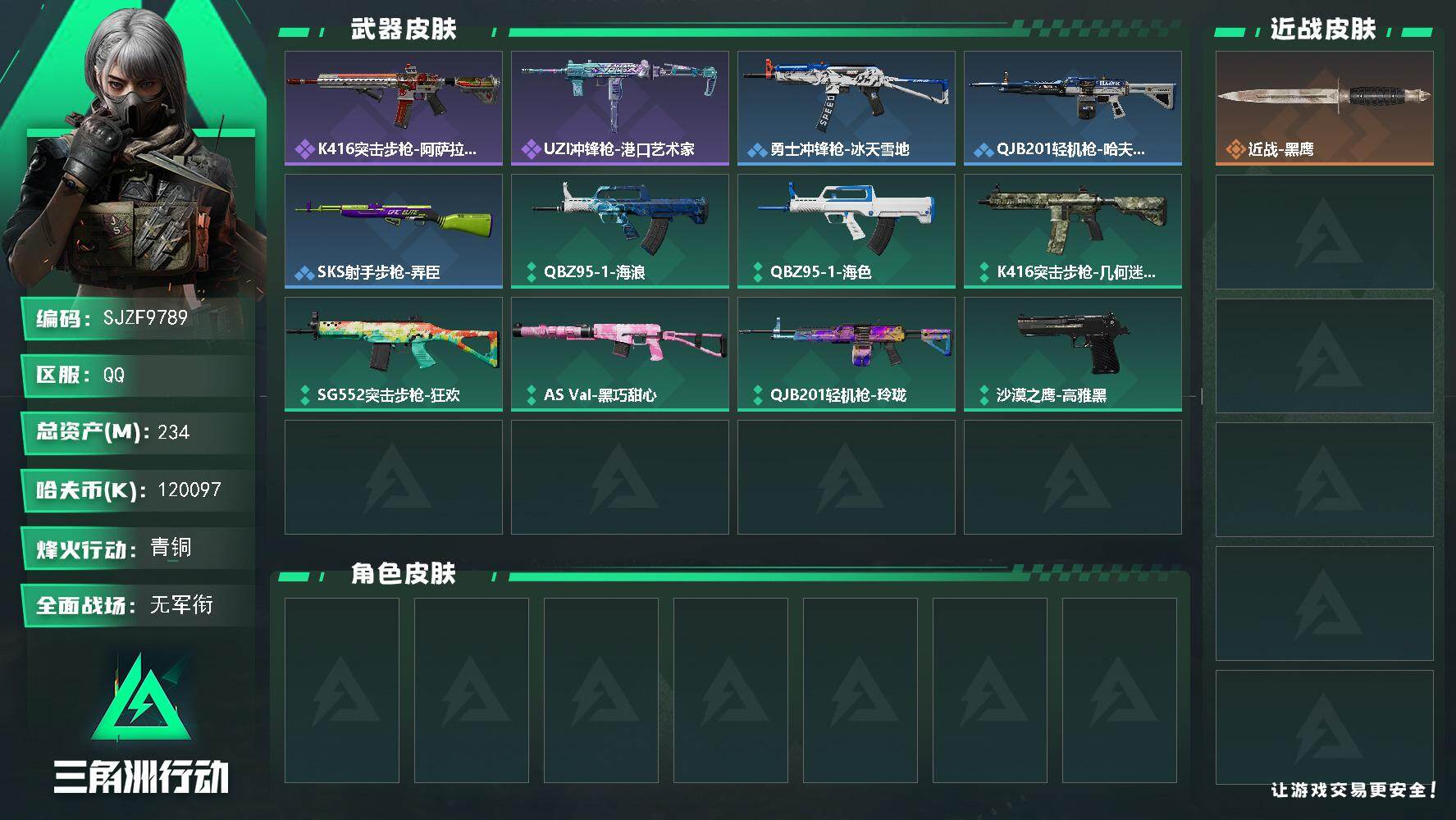 三角洲行动账号QQ【SJZF9789】总资产234M/哈夫币12009万/战场等级1/行动等级60/安全箱等时效性道具以游戏内数据为准，详情请看图/近战-黑鹰/QBZ95-1突击步枪-战术甲胄/K416突击步枪-阿萨