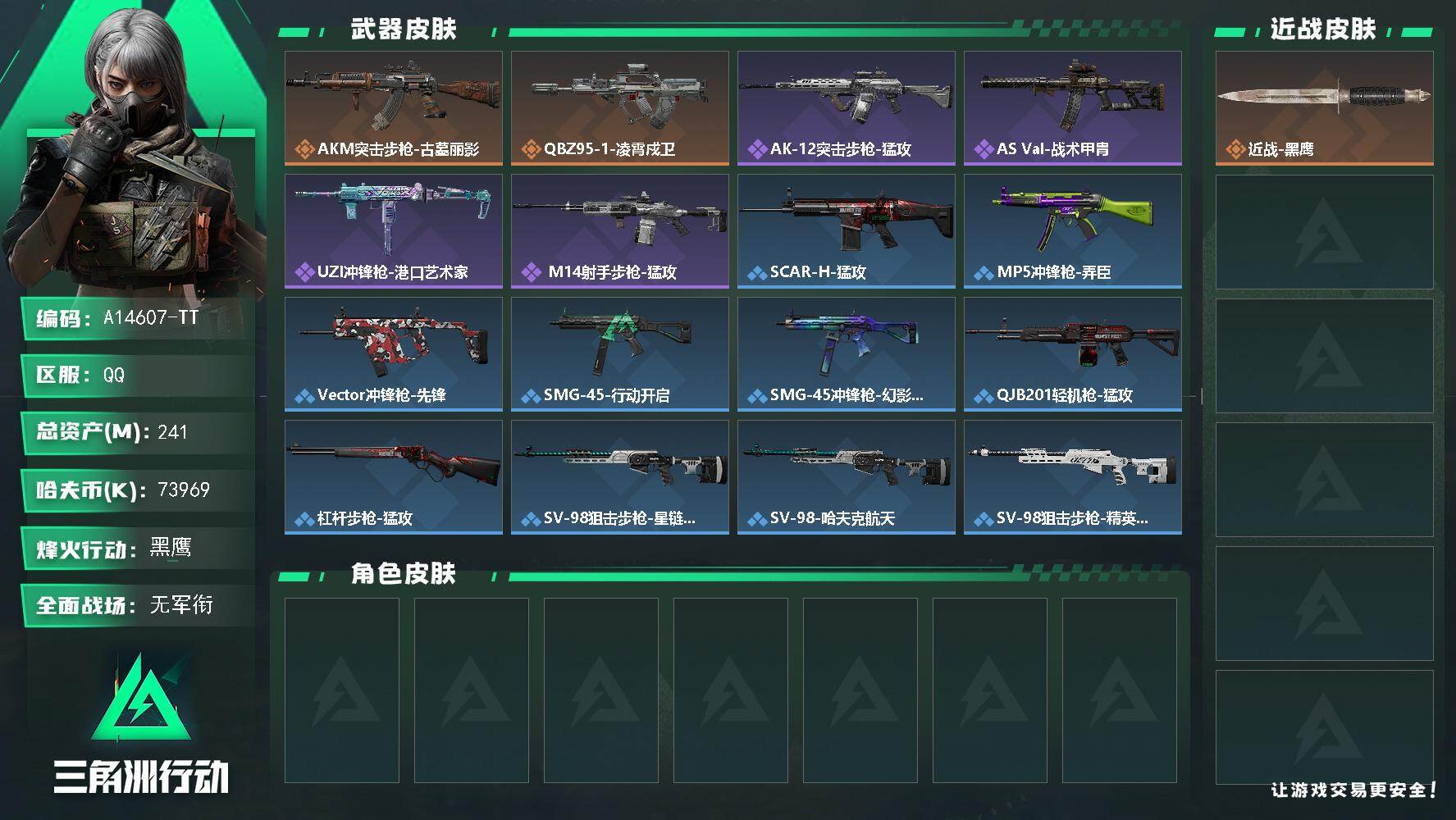 三角洲行动账号QQA14607-TT/QQ区【高爆精品小号】【总资产:241M+六体六负+11AW子弹】/烽火等级:6