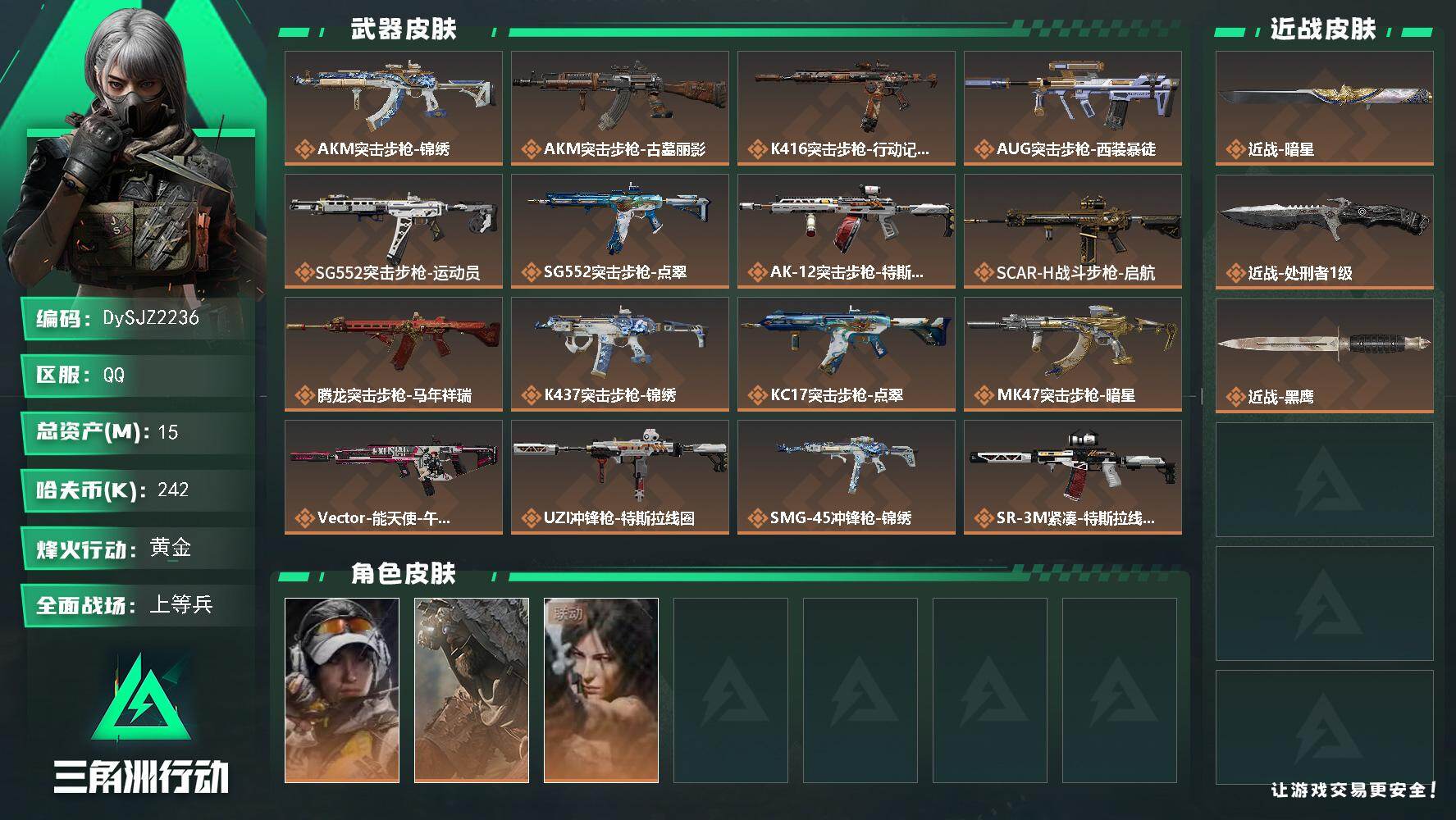 三角洲行动账号QQ【DySJZ2236】总资产15M/哈夫币24万/传说近战数2/干员外观数3/传说枪皮数28/战场等级24/行动等级60/安全箱等时效性道具以游戏内数据为准，详情请看图/露娜-金牌射手/乌鲁鲁-荒原
