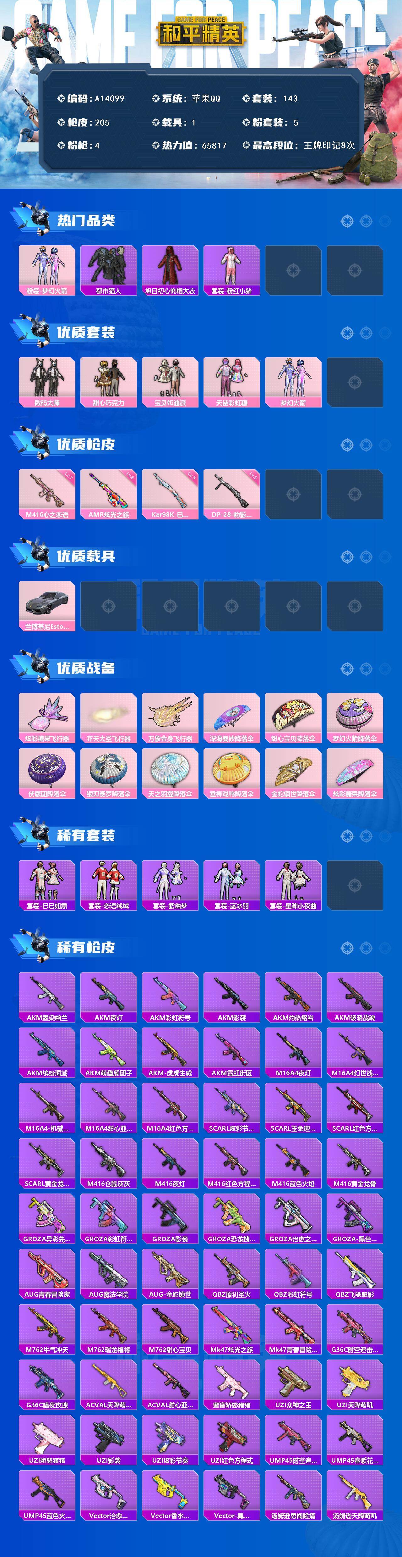 和平精英账号苹果QQ【A14099】143套装/枪械4/装备261/载具1/战备144/王牌印记8/热力值65817/七级M416-心之恋语/五级Kar98K-巳巳如意/六级AMR-炫光之旅/五级DP-28-豹影疾电/