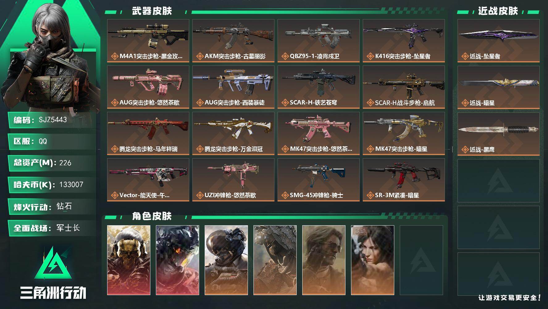三角洲行动账号QQ【SJZ5443】总资产226M/哈夫币13300万/传说近战数2/干员外观数6/传说枪皮数26/战