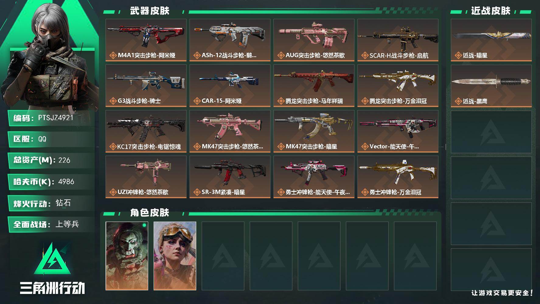 三角洲行动账号QQ【PTSJZ4921】总资产226M/哈夫币498万/传说近战数1/干员外观数2/传说枪皮数21/战
