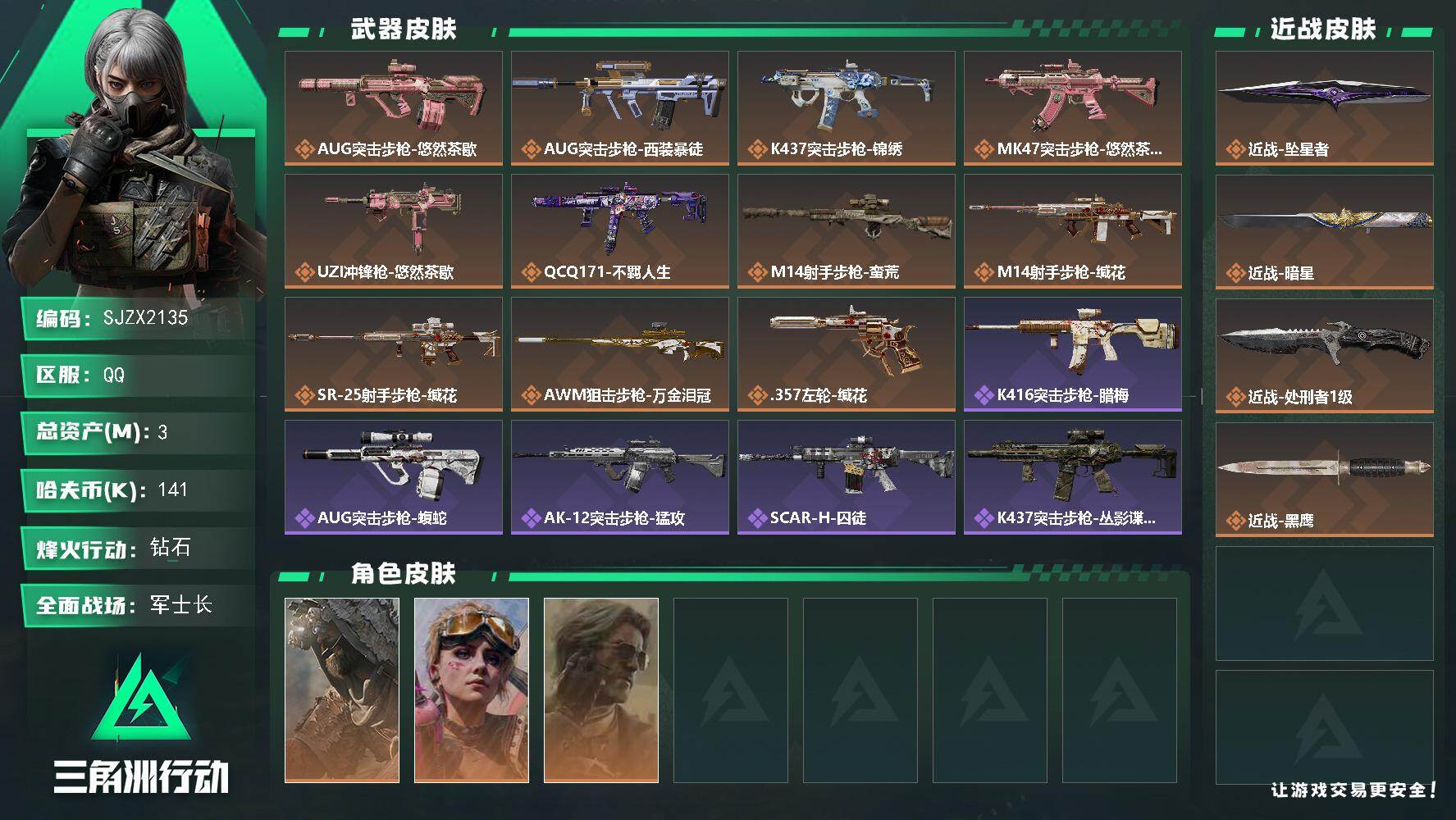 三角洲行动账号QQ【SJZX2135】总资产3M/哈夫币14万/传说近战数3/干员外观数3/传说枪皮数11/战场等级3