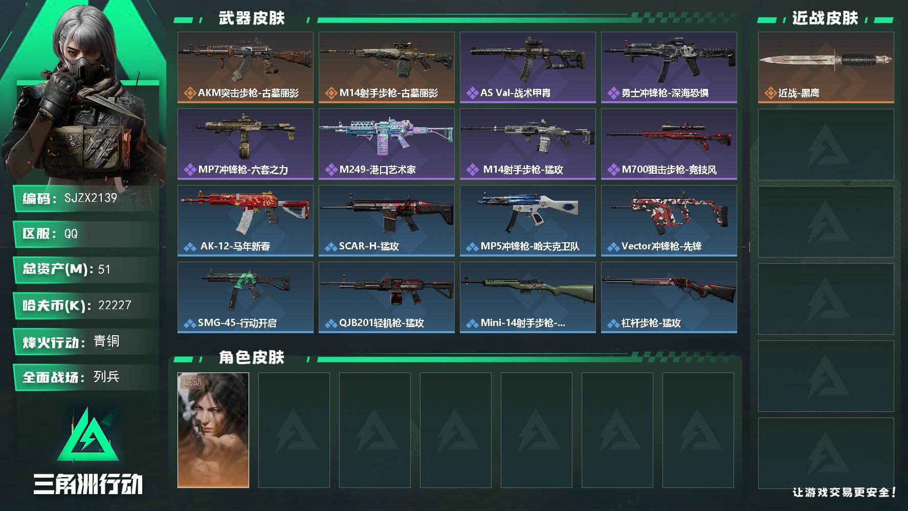 三角洲行动账号QQ【SJZX2139】总资产51M/哈夫币2222万/干员外观数1/传说枪皮数2/战场等级11/行动等级52/安全箱等时效性道具以游戏内数据为准，详情请看图/露娜-劳拉·克劳馥/近战-黑鹰/AKM突击