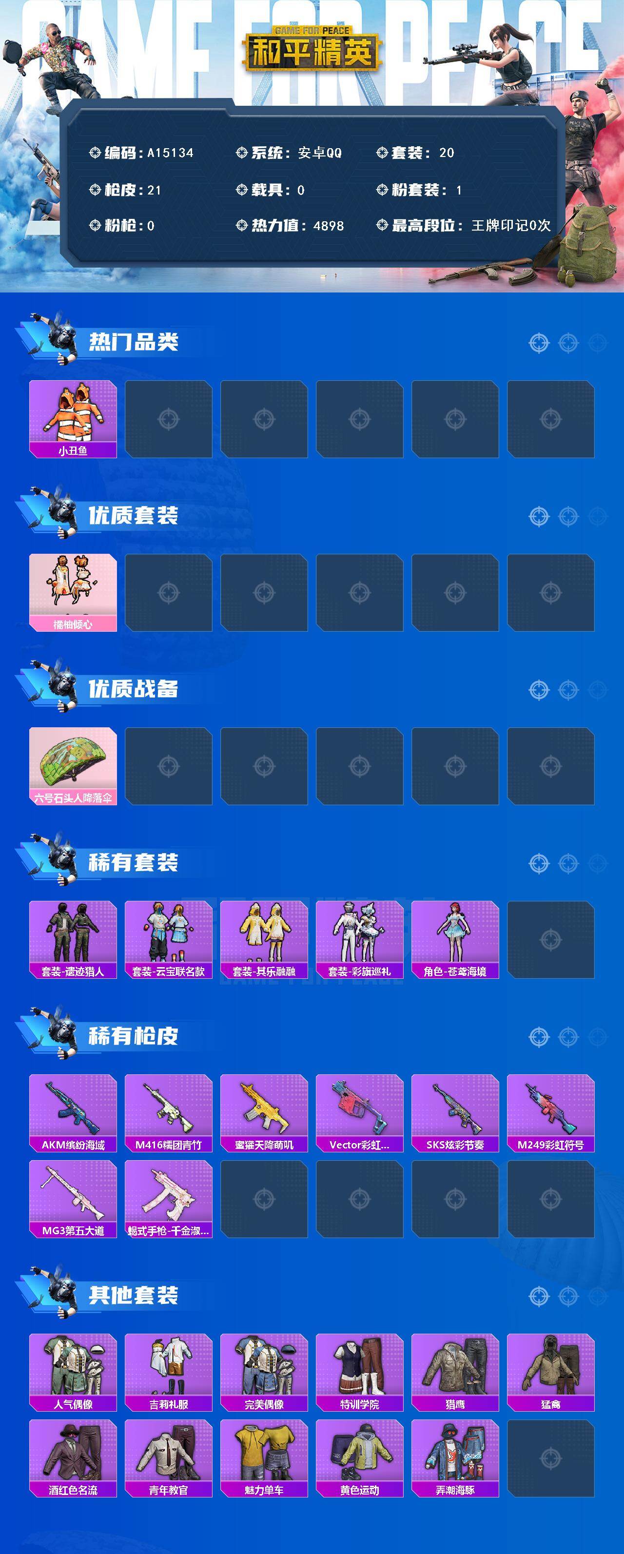 和平精英账号安卓QQ【A15134】20套装/装备30/战备19/热力值4898/小丑鱼/橘柚倾心/六号石头人降落伞/套装-遗迹猎人/套装-云宝联名款/套装-其乐融融/套装-彩旗巡礼/角色-苍鸢海境/AKM-缤纷海域/