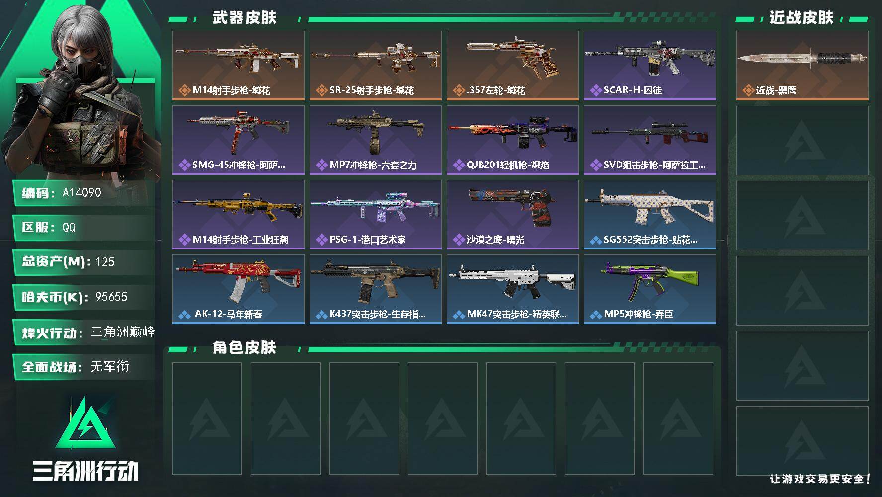三角洲行动账号QQA14090/可二次/QQ区【高资产练手首选号】【总资产:125.7M/9500w纯币+体力6】/烽