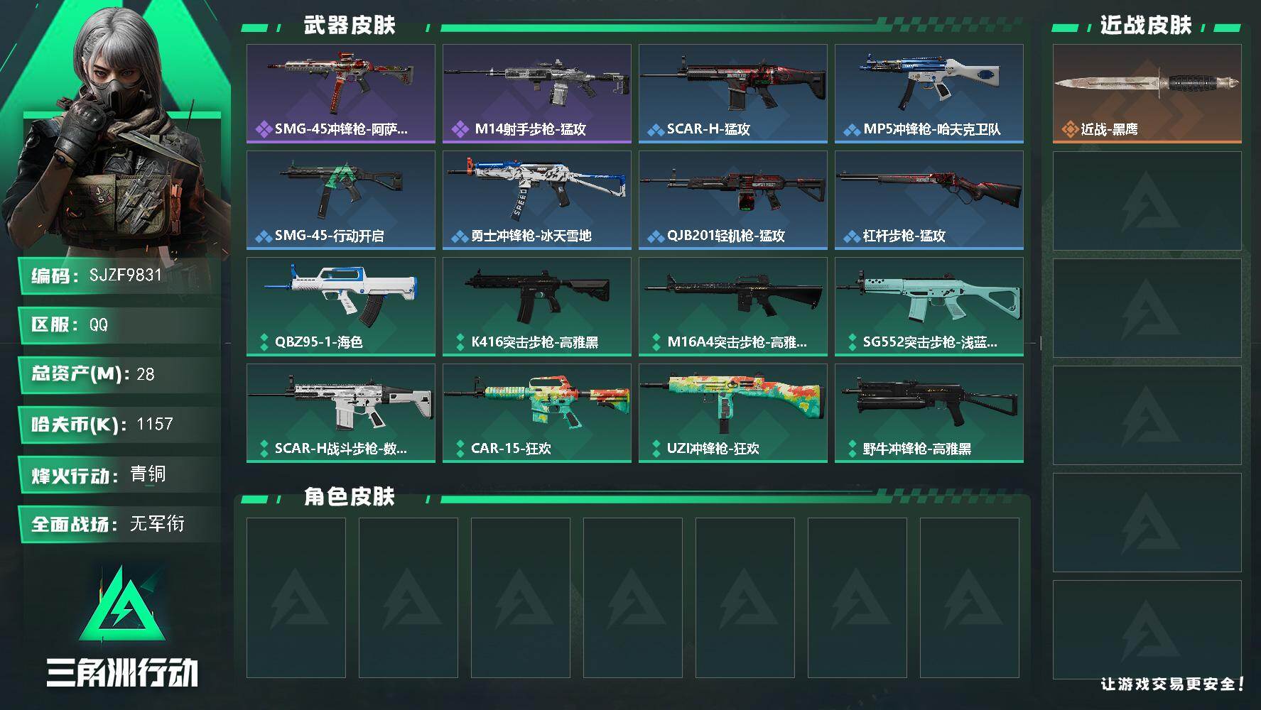 三角洲行动账号QQ【SJZF9831】总资产28M/哈夫币115万/战场等级1/行动等级42/安全箱等时效性道具以游戏内数据为准，详情请看图/近战-黑鹰/SMG-45冲锋枪-阿萨拉特攻/ M14射手步枪-猛攻/SCA