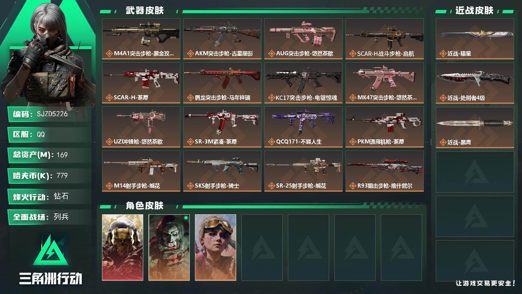 三角洲行动账号QQ【SJZD5226】总资产169M/哈夫币77万/传说近战数2/干员外观数3/传说枪皮数18/战场等级15/行动等级60/安全箱等时效性道具以游戏内数据为准，详情请看图/红狼-蚀金玫瑰/红狼-电锯惊