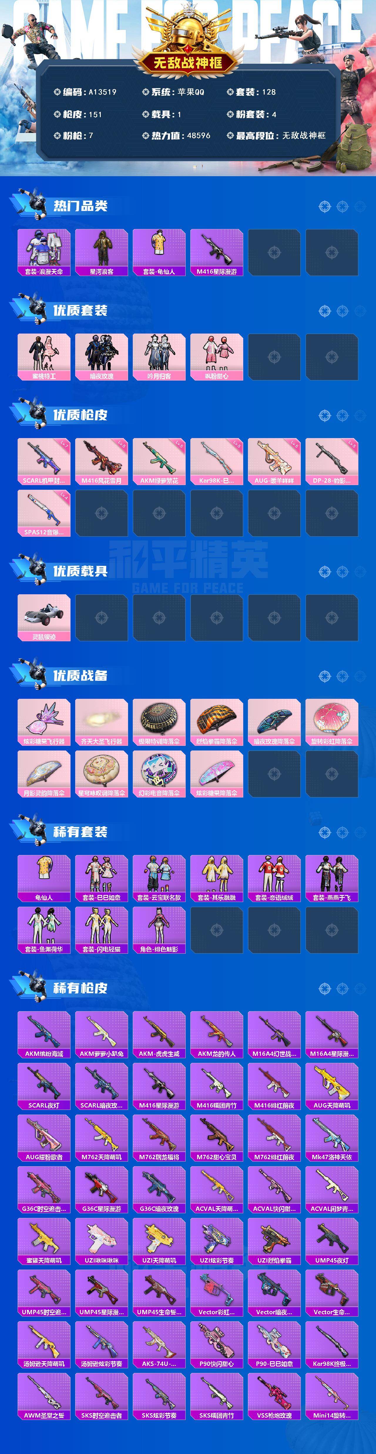 和平精英账号苹果QQ【A13519】128套装/枪械7/装备180/载具1/战备113/王牌印记16/热力值48596/五级AKM-绿萝繁花/七级SCAR-L-机甲封神/五级M416-风花雪月/五级AUG-暖羊咩咩/五