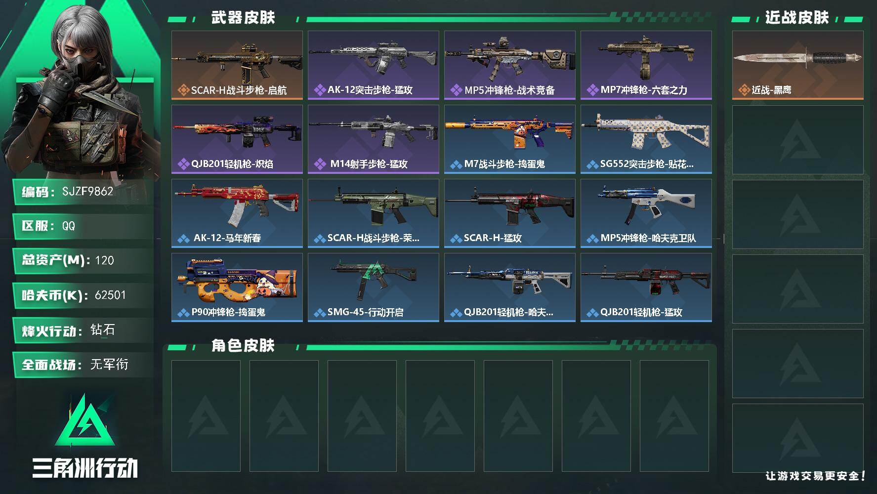 三角洲行动账号QQ【SJZF9862】总资产120M/哈夫币6250万/传说枪皮数1/战场等级5/行动等级60/安全箱等时效性道具以游戏内数据为准，详情请看图/近战-黑鹰/SCAR-H战斗步枪-启航/AK-12突击步