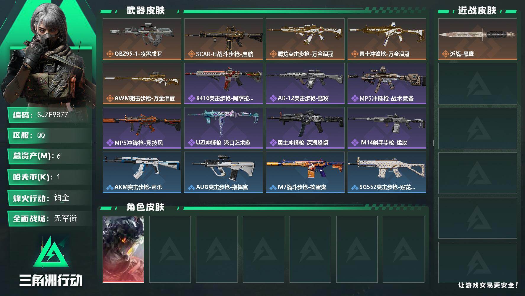 三角洲行动账号QQ【SJZF9877】总资产6M/哈夫币0万/干员外观数1/传说枪皮数5/战场等级1/行动等级52/安全箱等时效性道具以游戏内数据为准，详情请看图/威龙-凌霄戍卫/近战-黑鹰/QBZ95-1突击步枪-