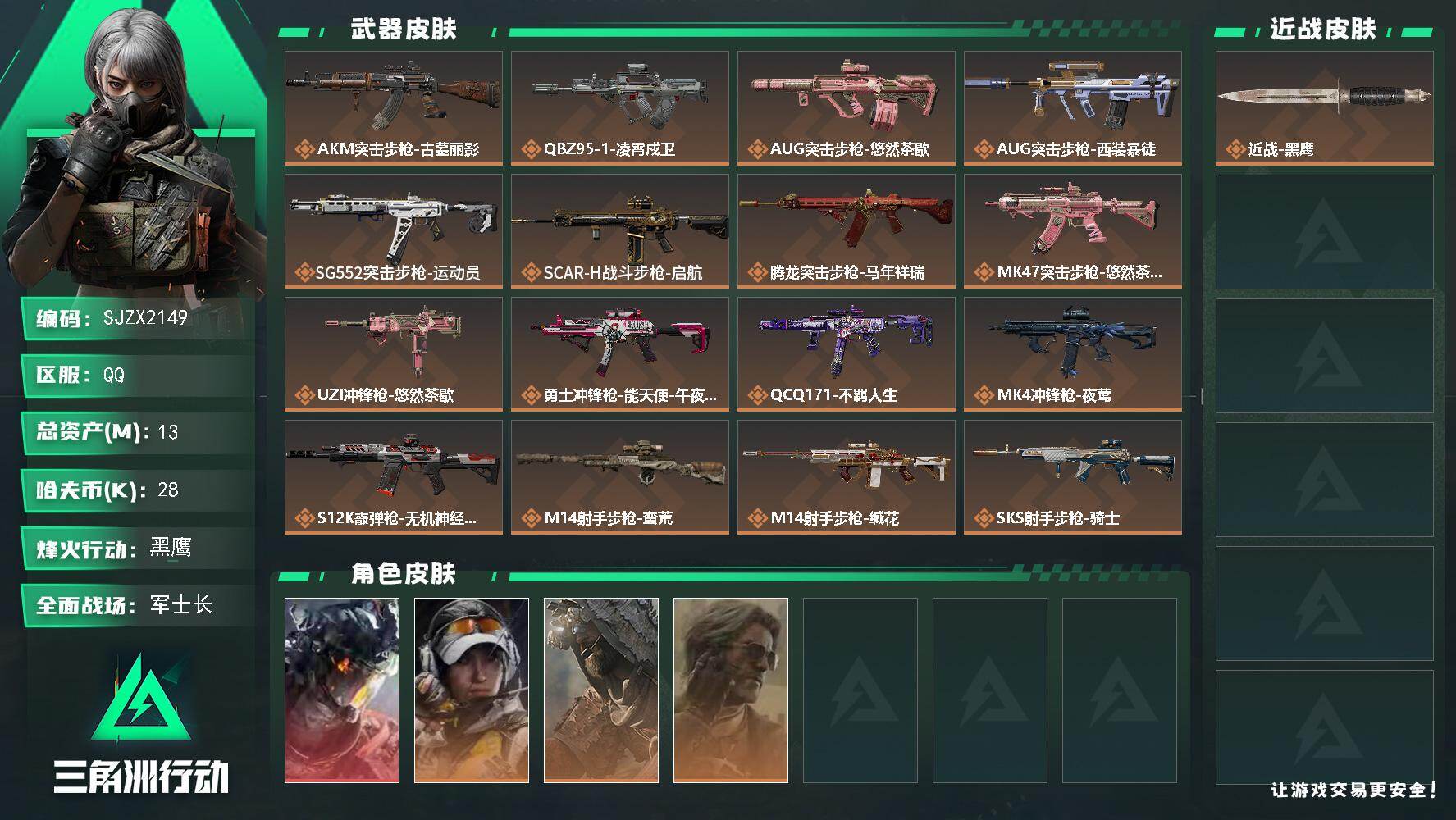 三角洲行动账号QQ【SJZX2149】总资产13M/哈夫币2万/干员外观数4/传说枪皮数19/战场等级34/行动等级60/安全箱等时效性道具以游戏内数据为准，详情请看图/威龙-凌霄戍卫/露娜-金牌射手/乌鲁鲁-荒原猎