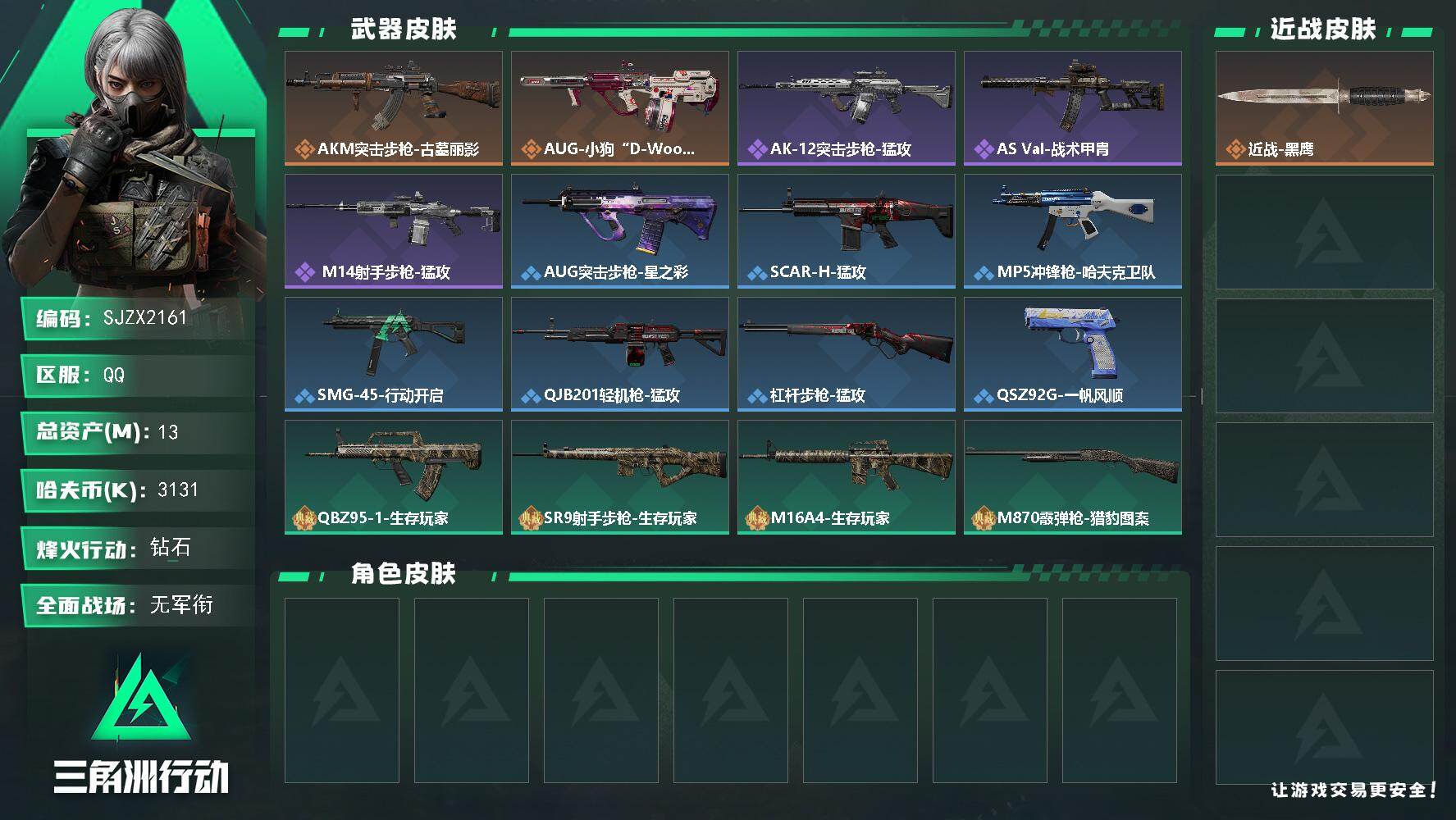 三角洲行动账号QQ【SJZX2161】总资产13M/哈夫币313万/传说枪皮数2/战场等级1/行动等级46/安全箱等时效性道具以游戏内数据为准，详情请看图/近战-黑鹰/AKM突击步枪-古墓丽影/AUG突击步枪-小狗“