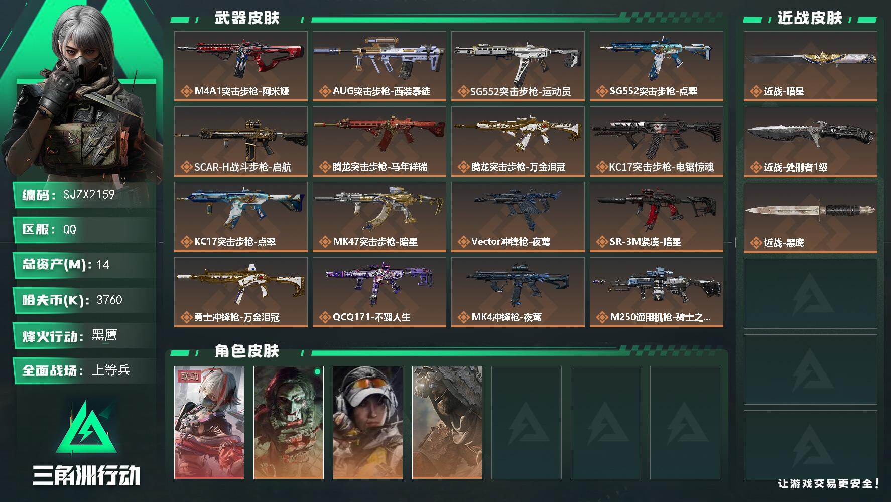 三角洲行动账号QQ【SJZX2159】总资产14M/哈夫币376万/传说近战数2/干员外观数4/传说枪皮数25/战场等级14/行动等级60/安全箱等时效性道具以游戏内数据为准，详情请看图/骇爪-维什戴尔/红狼-电锯惊