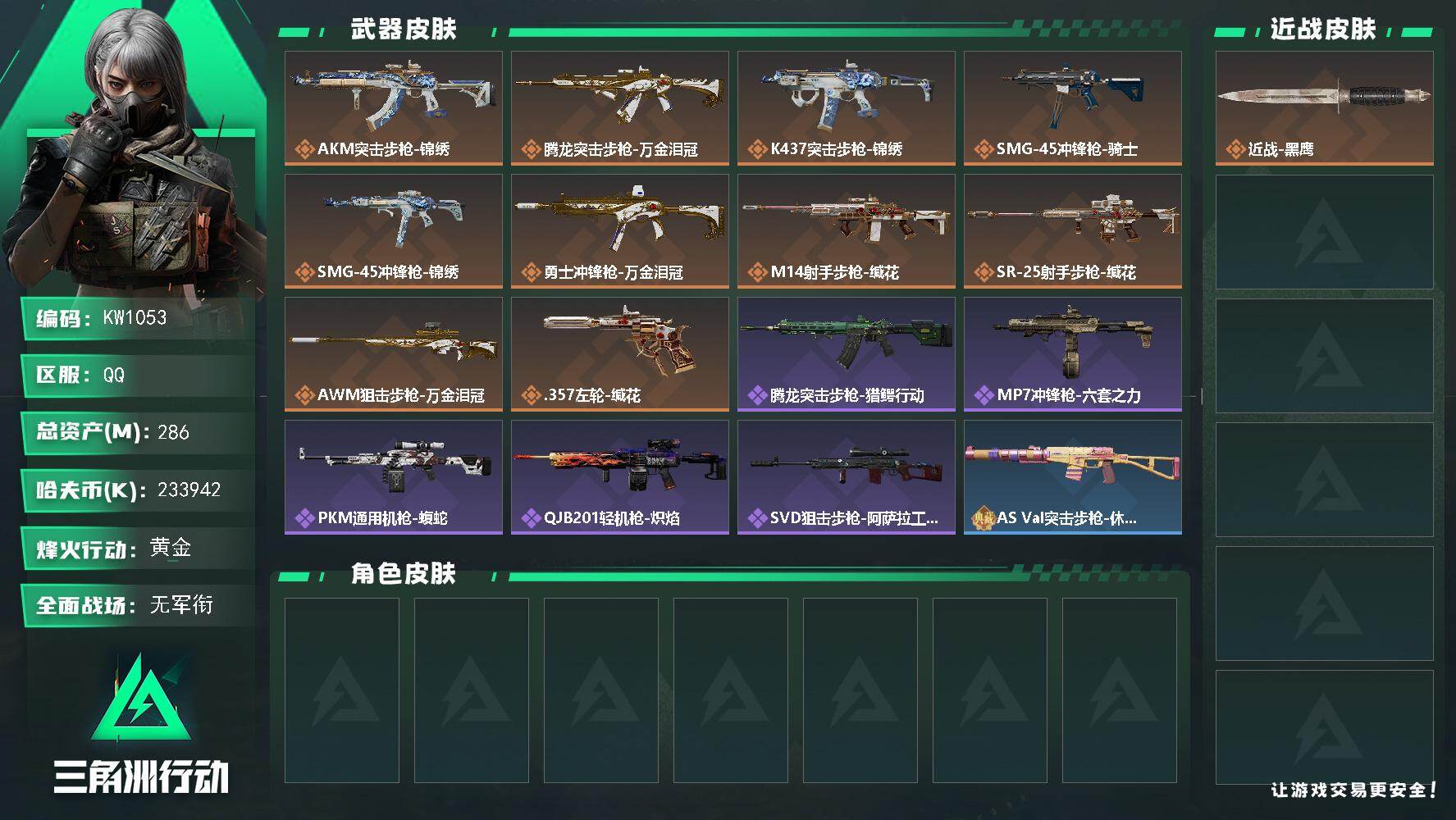 三角洲行动账号QQ【KW1053】总资产286M/哈夫币23394万/传说枪皮数10/战场等级1/行动等级55/安全箱等时效性道具以游戏内数据为准，详情请看图/近战-黑鹰/AKM突击步枪-锦绣/腾龙突击步枪-万金泪冠