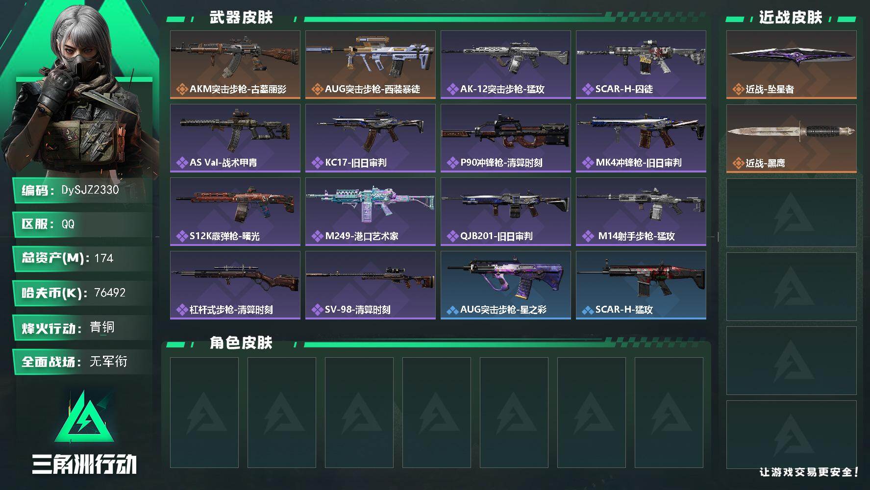 三角洲行动账号QQ【DySJZ2330】总资产174M/哈夫币7649万/传说近战数1/传说枪皮数2/战场等级1/行动等级59/安全箱等时效性道具以游戏内数据为准，详情请看图/近战-坠星者/近战-黑鹰/AKM突击步枪