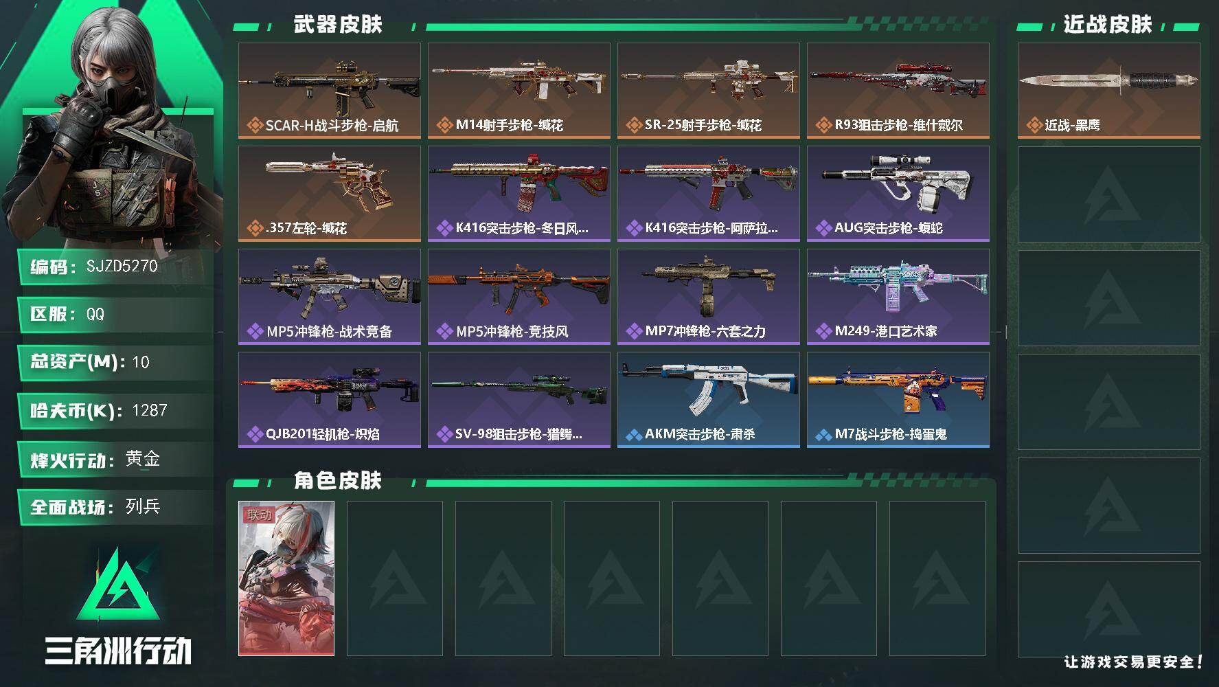 三角洲行动账号QQ【SJZD5270】总资产10M/哈夫币128万/干员外观数1/传说枪皮数5/战场等级15/行动等级48/安全箱等时效性道具以游戏内数据为准，详情请看图/骇爪-维什戴尔/近战-黑鹰/SCAR-H战斗