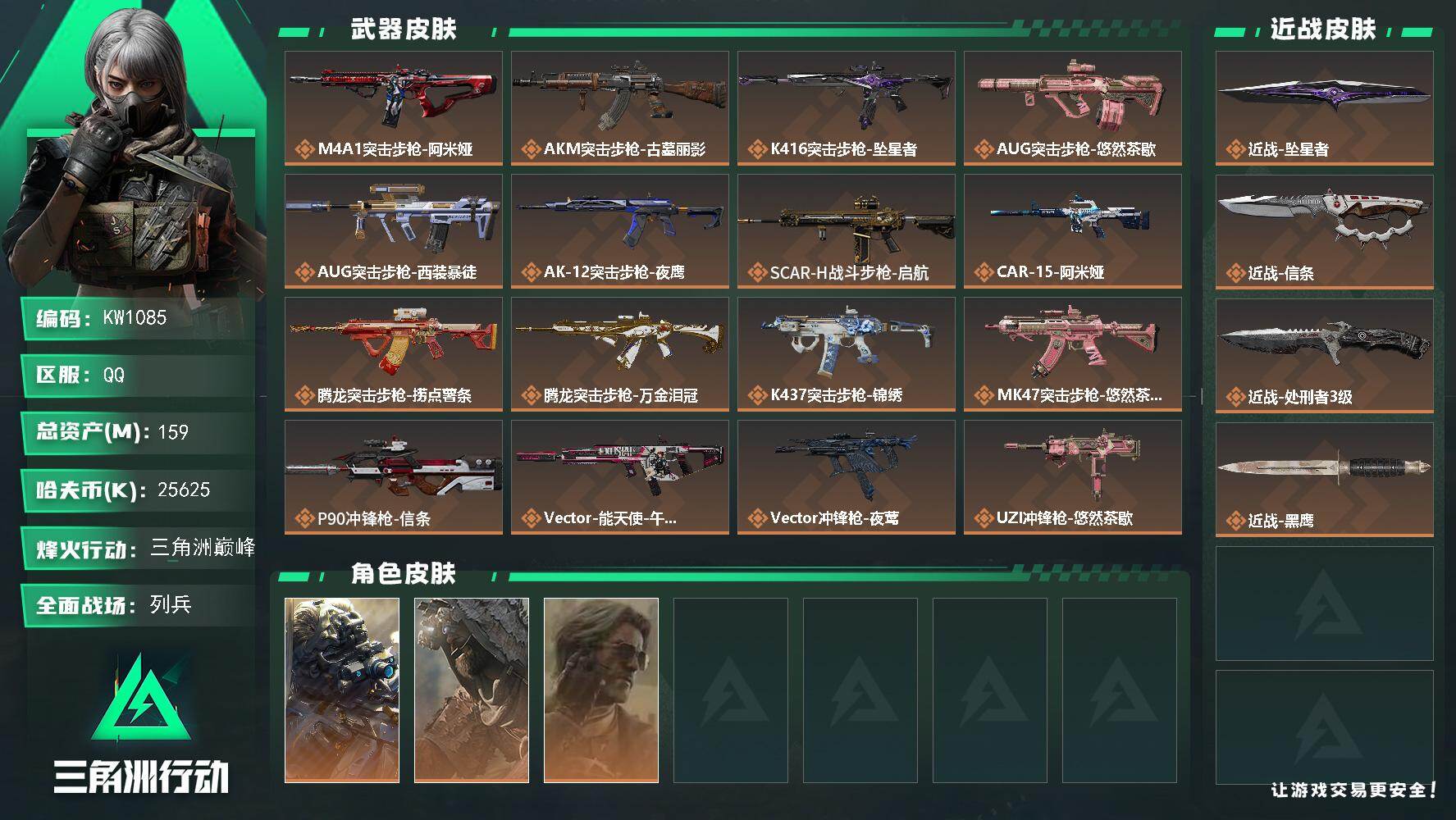 三角洲行动账号QQ【KW1085】总资产159M/哈夫币2562万/传说近战数3/干员外观数3/传说枪皮数27/战场等级13/行动等级60/安全箱等时效性道具以游戏内数据为准，详情请看图/无名-夜鹰/乌鲁鲁-荒原猎手