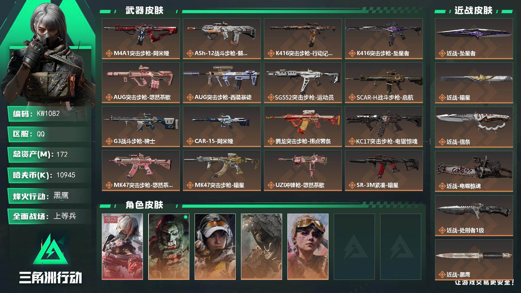 三角洲行动账号QQ【KW1082】总资产172M/哈夫币1094万/传说近战数5/干员外观数5/传说枪皮数27/战场等级30/行动等级60/安全箱等时效性道具以游戏内数据为准，详情请看图/骇爪-维什戴尔/红狼-电锯惊