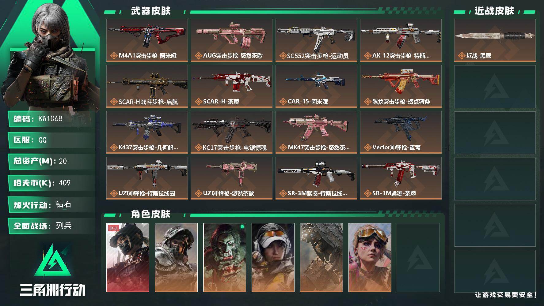 三角洲行动账号QQ【KW1068】总资产20M/哈夫币40万/干员外观数6/传说枪皮数27/战场等级34/行动等级60/安全箱等时效性道具以游戏内数据为准，详情请看图/露娜-黑·天际线/深蓝-不破誓约/红狼-电锯惊魂