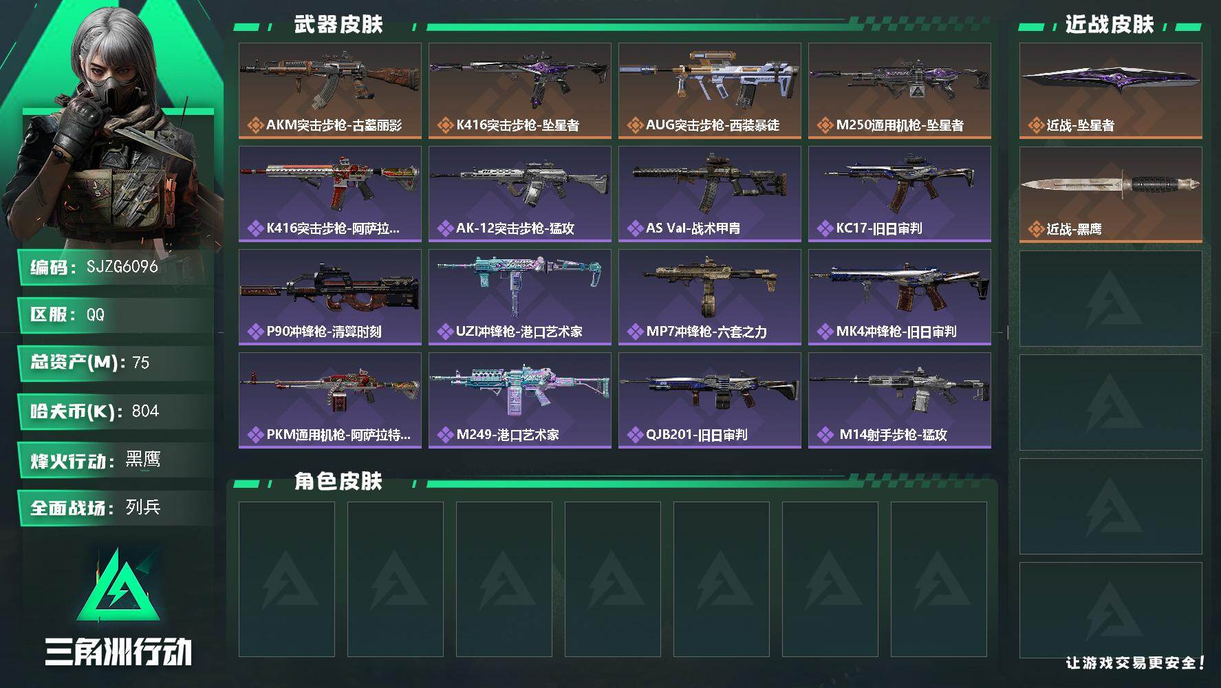 三角洲行动账号QQ【SJZG6096】总资产75M/哈夫币80万/传说近战数1/传说枪皮数4/战场等级14/行动等级60/安全箱等时效性道具以游戏内数据为准，详情请看图/近战-坠星者/近战-黑鹰/AKM突击步枪-古墓