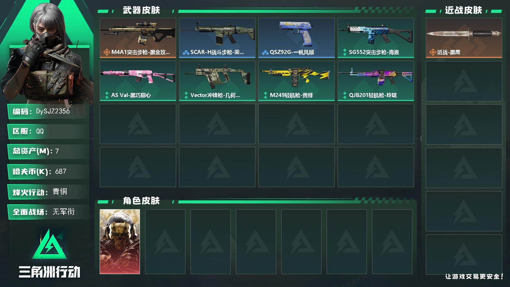 三角洲行动账号QQ【DySJZ2356】总资产7M/哈夫币68万/干员外观数1/传说枪皮数1/战场等级1/行动等级33/安全箱等时效性道具以游戏内数据为准，详情请看图/红狼-蚀金玫瑰/近战-黑鹰/M4A1突击步枪-蚀