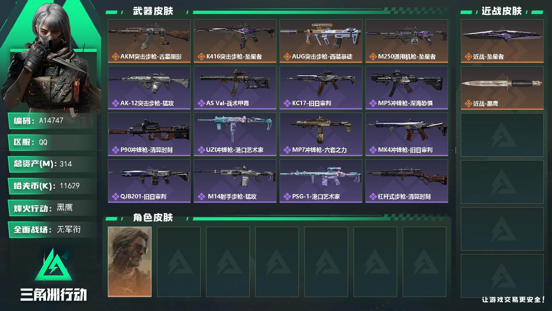 三角洲行动账号QQA14747/QQ区【0封+坠星者2.6亿流动仓库9满体满负成品号】【总资产:314.5M+近战坠星